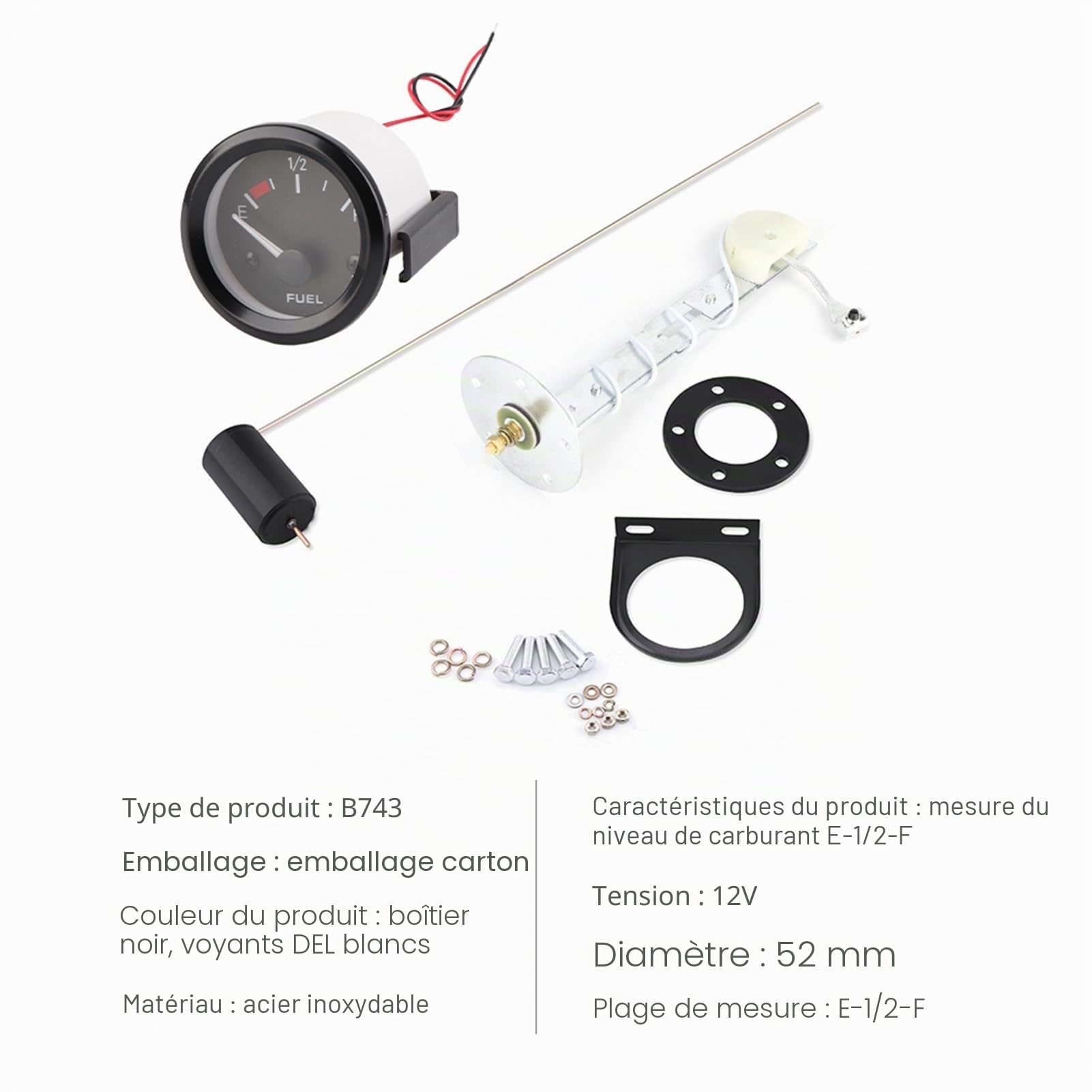 Jauge de niveau de carburant universelle 52 mm pour voiture indicateur de niveau de carburant numérique LED E-1/2-F avec capteur de carburant