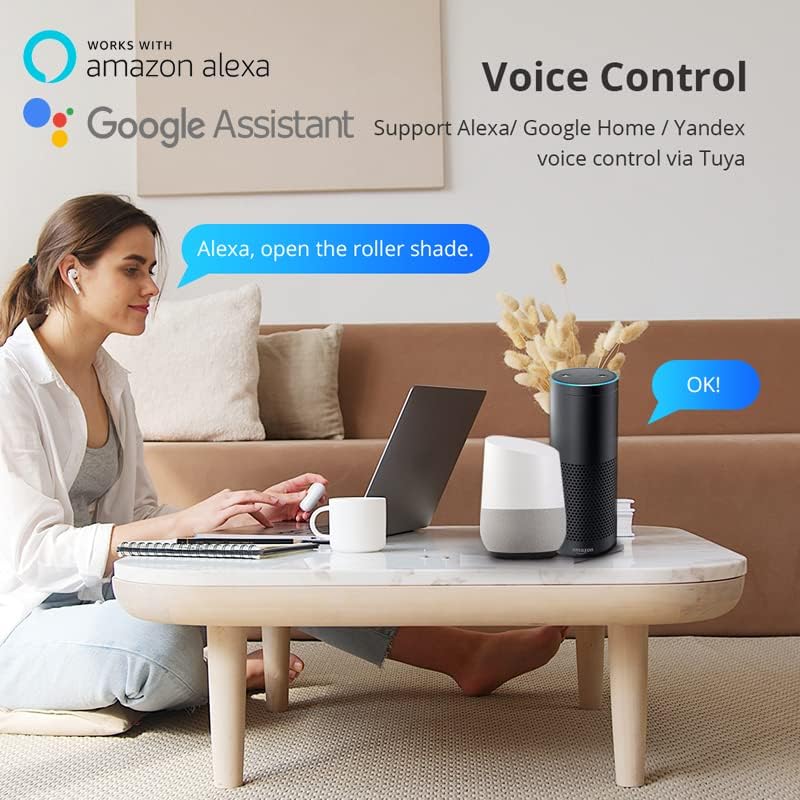 Image of a person using voice commands with Amazon Alexa and Google Assistant to control roller shades.