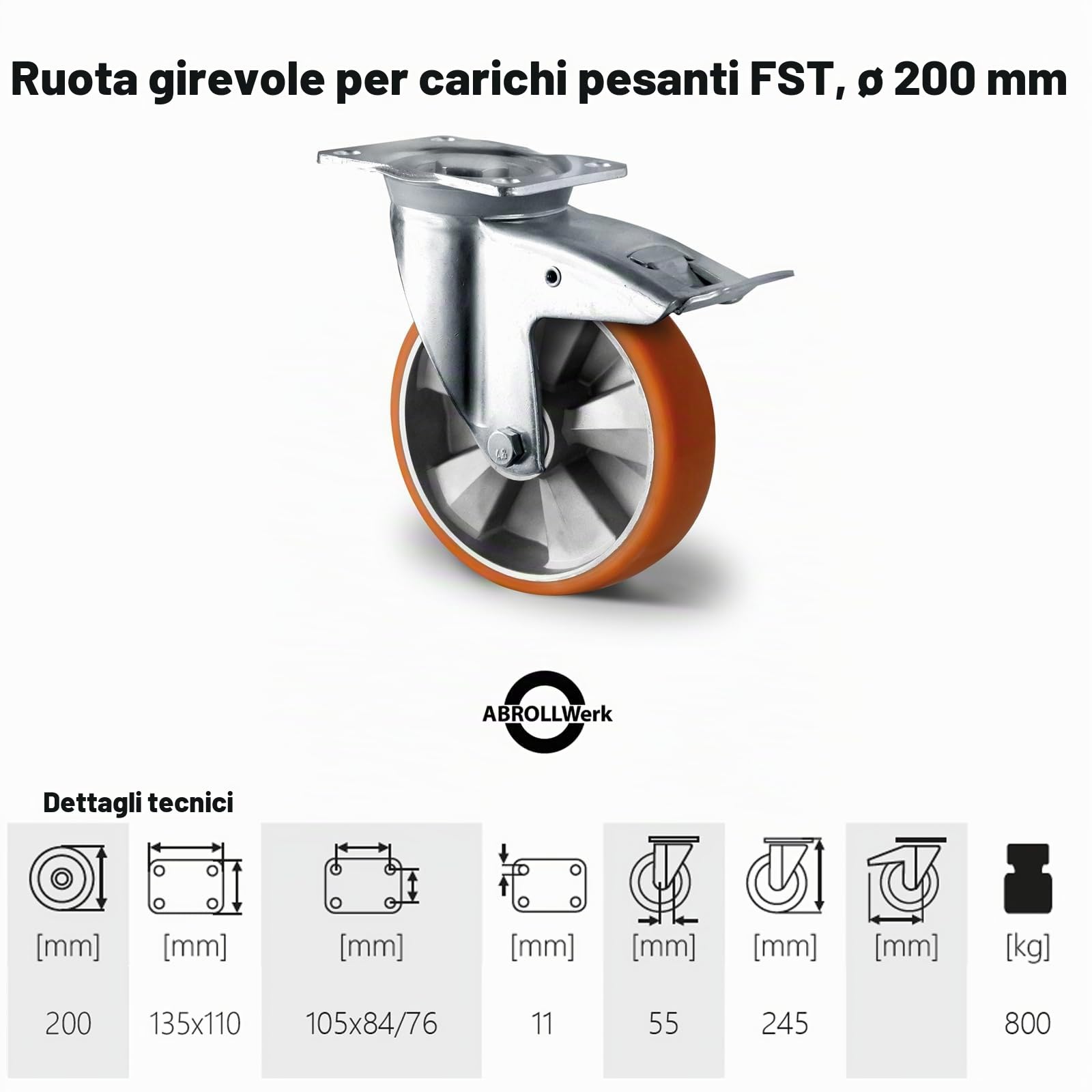 Abrollwerk Set di 4 ruote di carico pesanti 200 mm – 1800 kg – 2 ruote girevoli con freno & 2 ruote girevoli – battistrada in PU & corpo ruota in alluminio – ruote industriali con doppio cuscinetto a