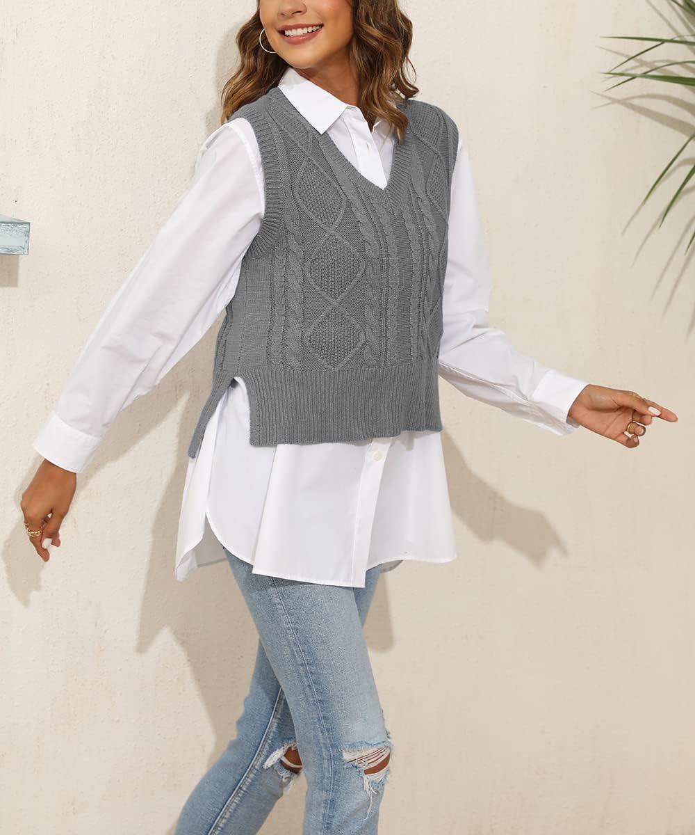 Sweater Vest for Women V Neck Sleeveless Knit Solid Casual Ribbed Preppy Pullover Tops - Image 3