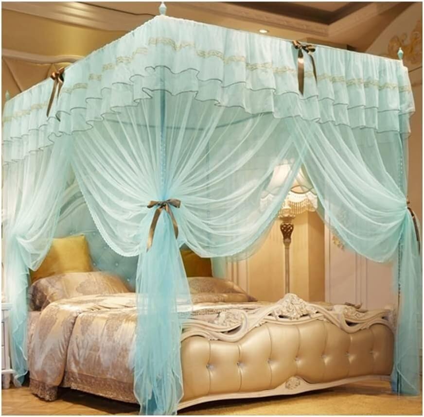 Mosquitera para cama de cuatro postes rosa con cortina de encaje de 200x220cm