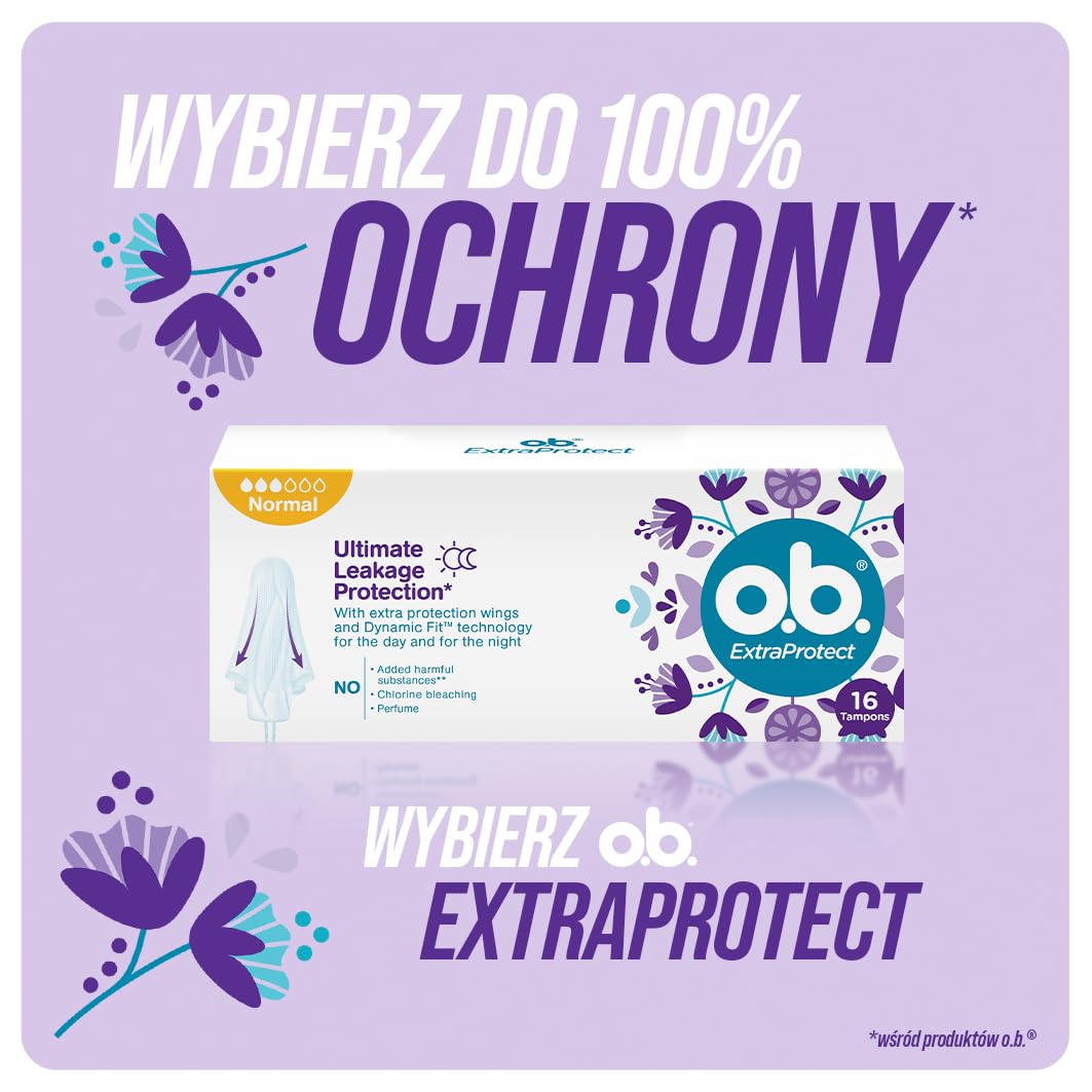 o.b. ExtraProtect Super Tampony 42 szt., dodatkowe skrzydełka zabezpieczające, do 100% ochrony przed przeciekaniem w dzień i w nocy, na obfite krwawienie, duże opakowanie