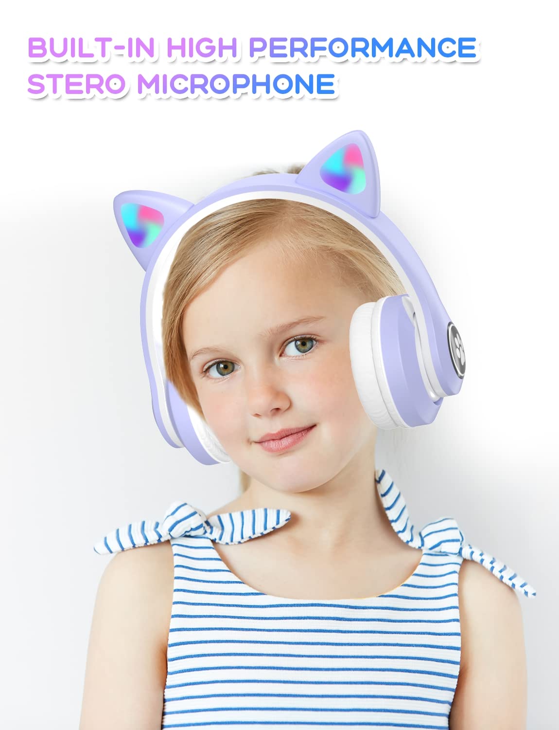 VuyKoo Cuffie Bluetooth per bambini con microfono/illuminazione LED, Cuffie Wireless limitatore 85dB, Cuffie On-Ear pieghevoli per Smartphone/scuola/scrivania/PC/Kindle (Viola)