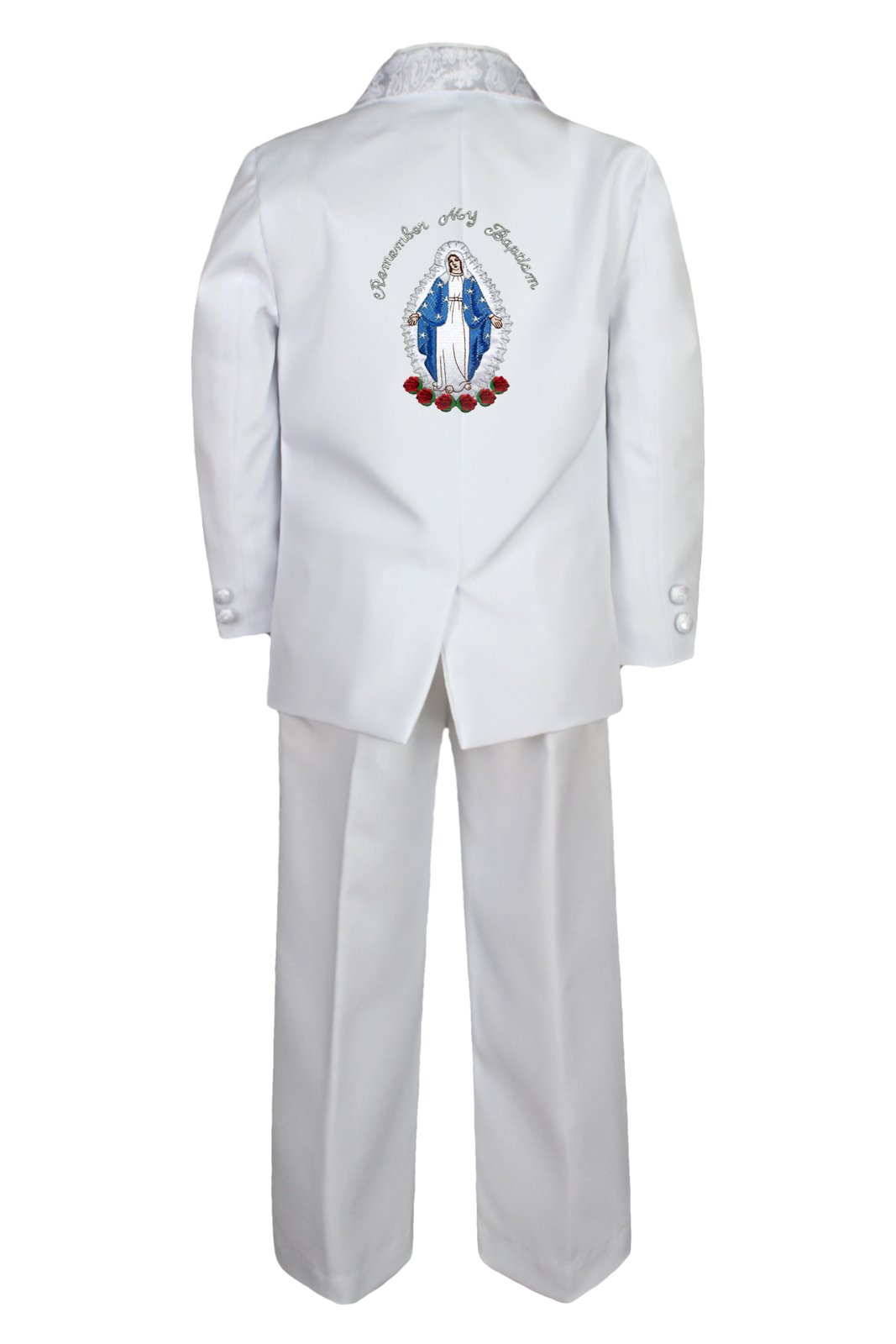 Boy Baby Baptism White Tuxedo Suit English Color Silver Mary Maria On Back Sm-7 (Large (12-18 Months))
