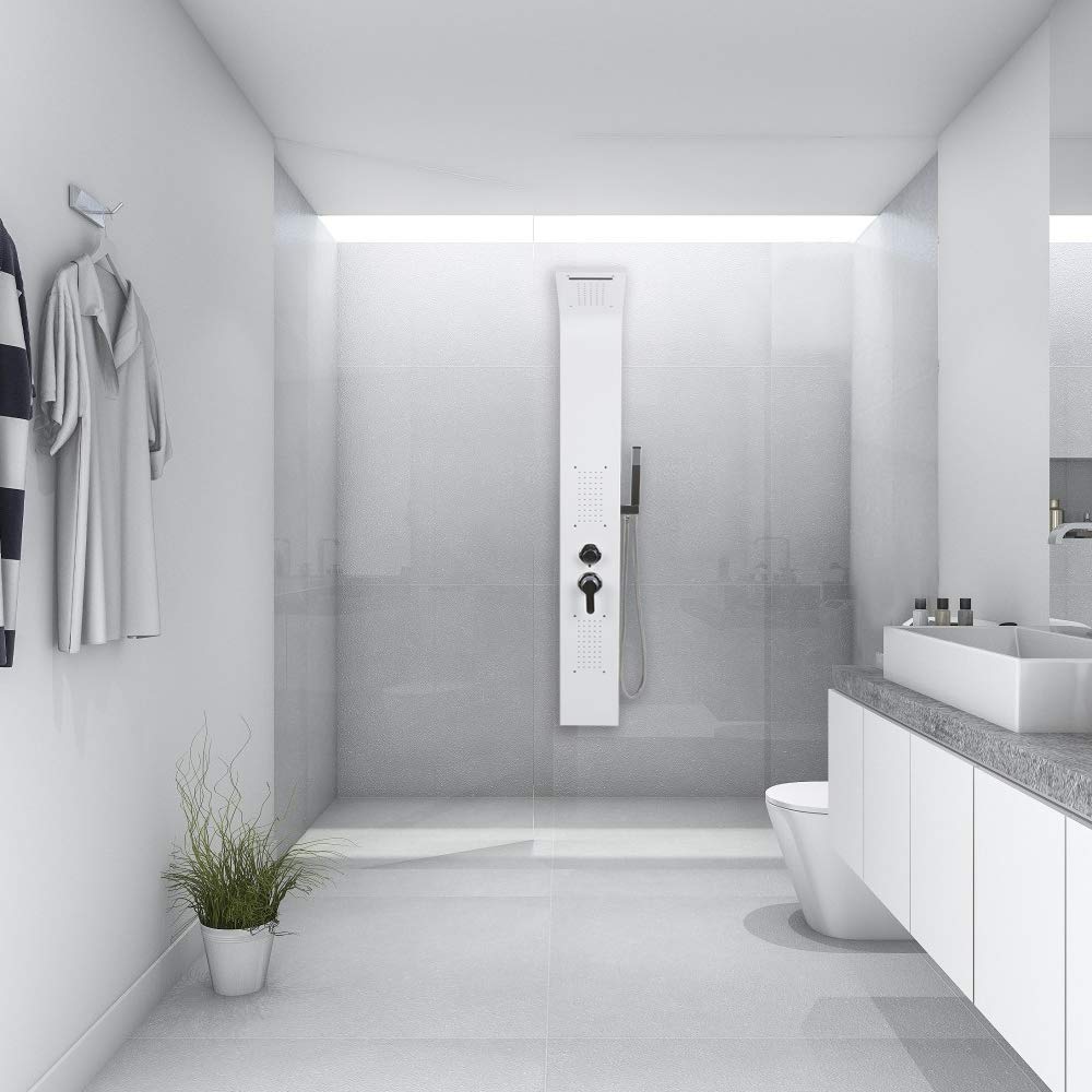 Columna de ducha hidromasaje panel de acero inoxidable 304 mezclador 5 funciones ducha spa baño altura: 140 cm – proceso de pulido (blanco)