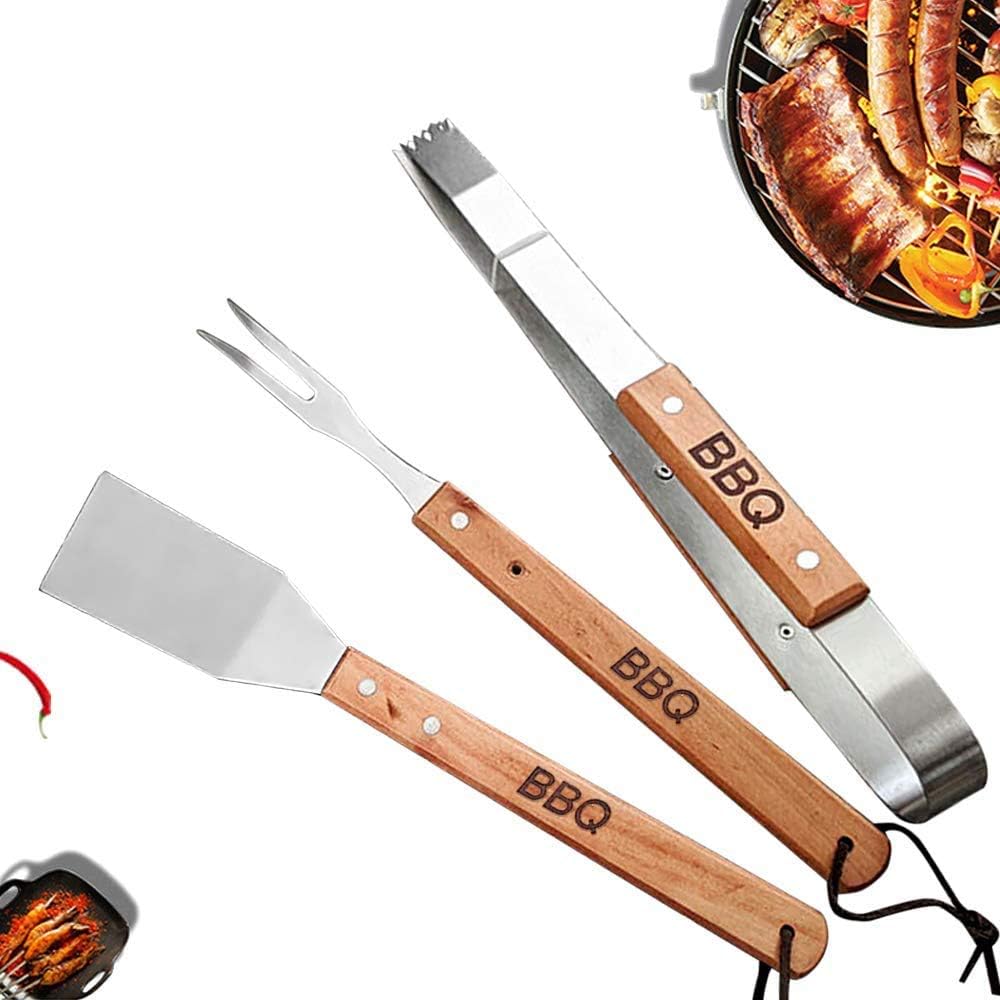 MuQu® Stainless Steel Barbecue BBQ Tool Set with Oak Wooden Handles (3