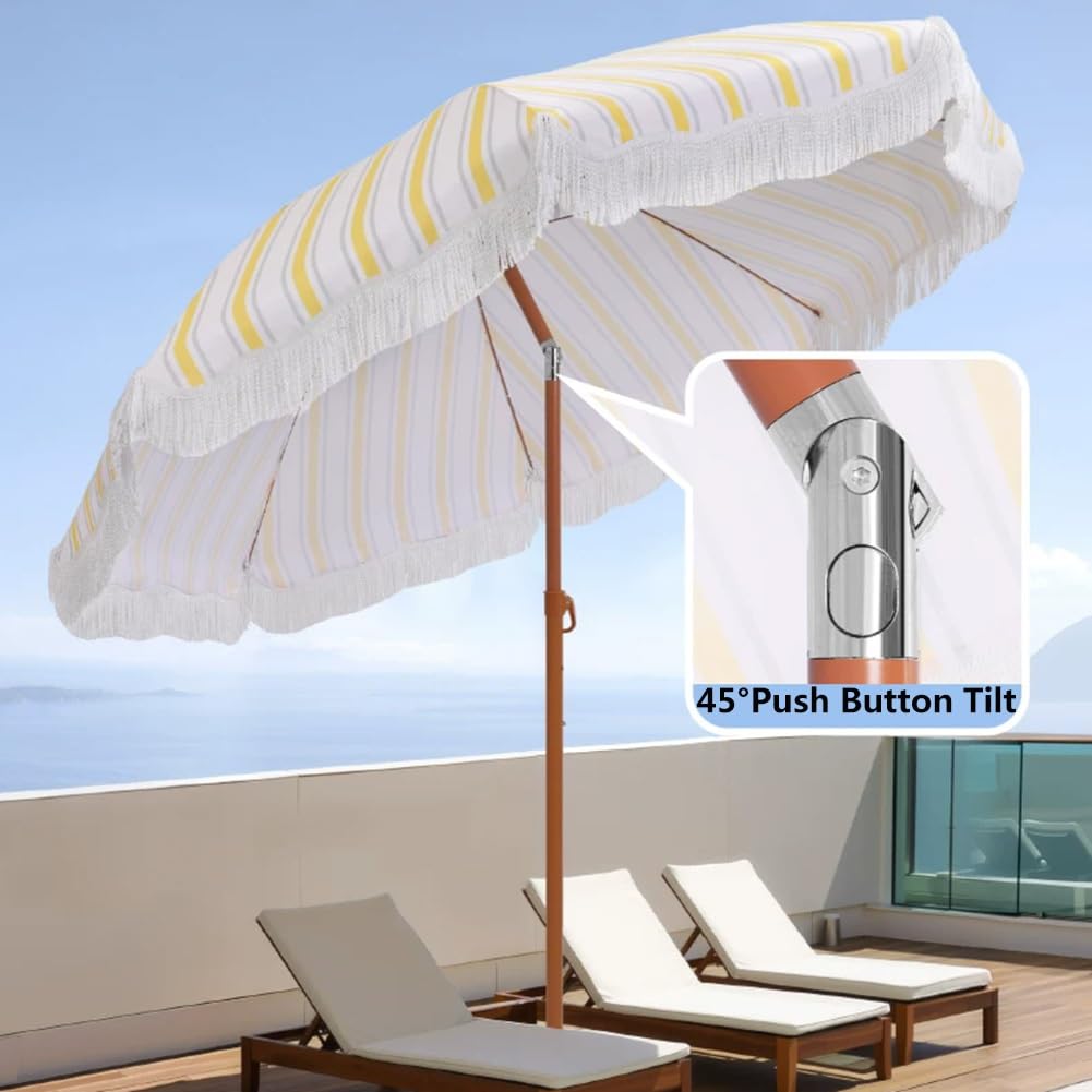 200 cm Parasol Ogrodowy z Frędzlami, Przenośny Parasol Plażowy w Paski Boho z Pochyleniem i Regulowanym Stalowym Słupkiem