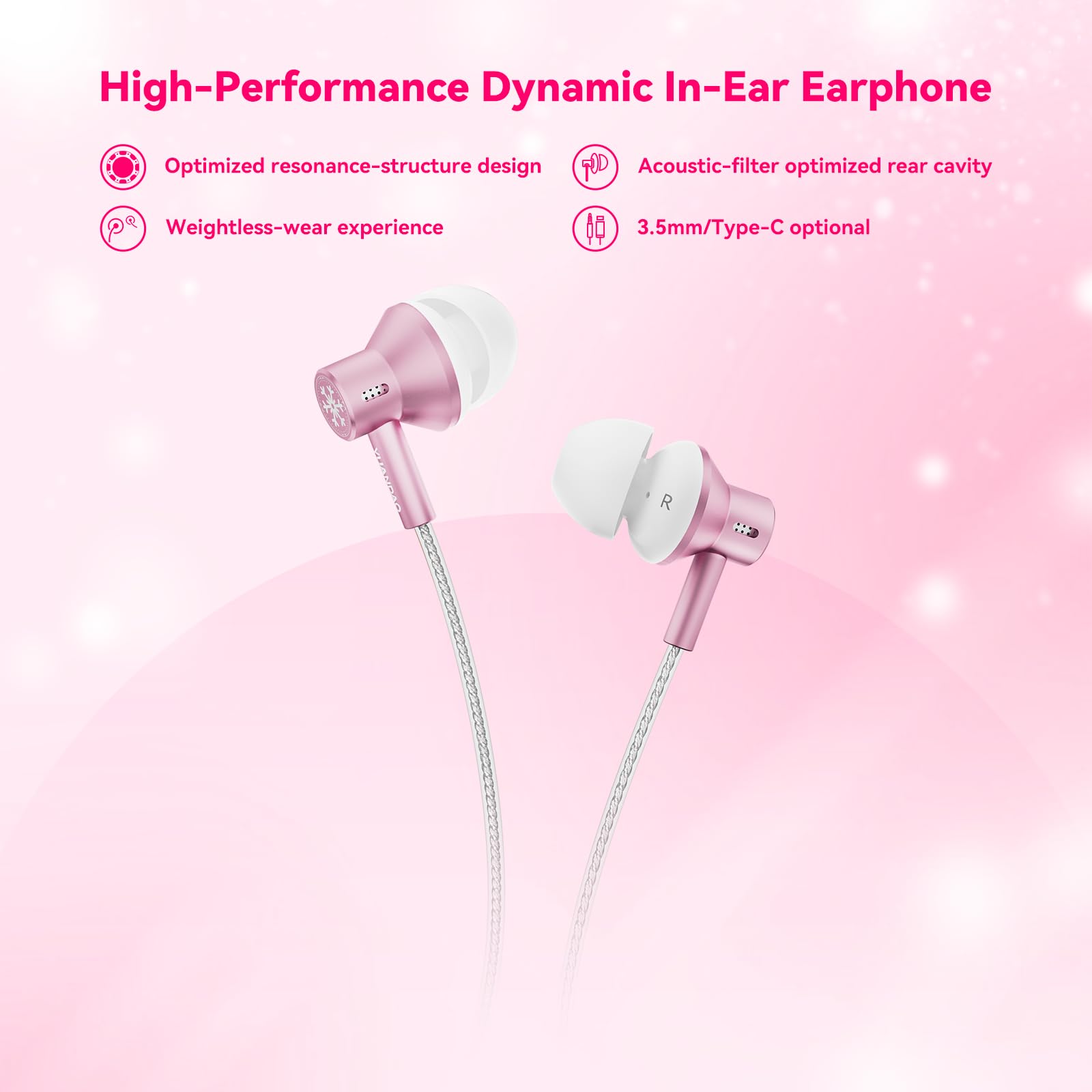 NICEHCK StringSnow Écouteurs filaires, pilote dynamique PEEK PU LCP diaphragme HiFi pour iPad, ordinateur portable, MP3, Android, compatible avec tous les appareils jack 3,5 mm (rose, 3,5 mm, sans