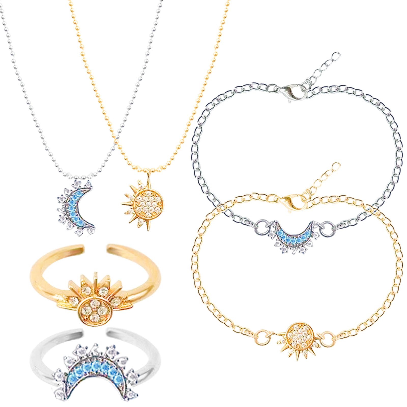6PCS Sun and Moon Jewellery Set, Celestial Sparkling Adjustable Women's Ring, Necklace, Bracelets, Plate Matching Pendant Jewellery Gift Set for Women Girls