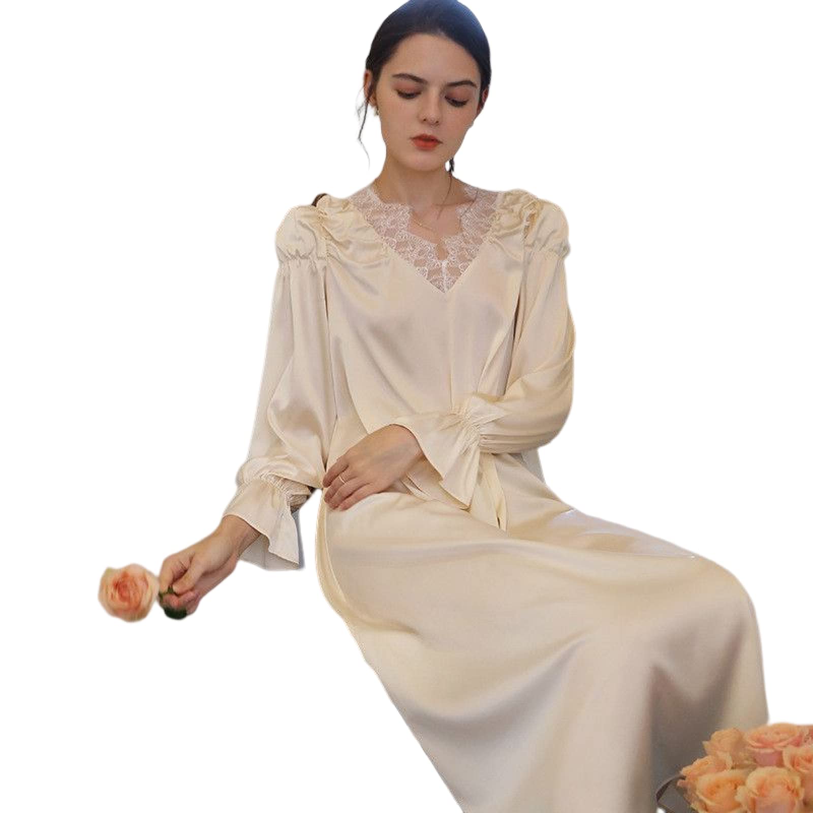 OFFSUM Camicia da Notte Donna - Elegante Camicia da Notte Casual in Pizzo Stile Francese con Scollo A V Primavera Estate Vintage in Raso Tinta Unita Abito da Notte