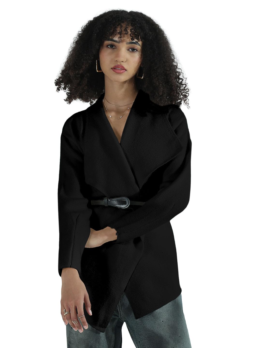 showoffff Edition Women's Black Textured Knit Wrap Cardigan Top with Belted Waist-CHN-5034_Black-P-picture-24