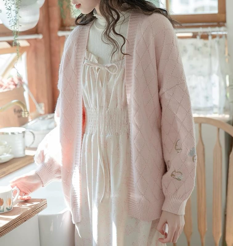 Image of Women's Japanese Sweetheart Kawaii Knitted Cardigan Pink Loose Front Cardigan College Style