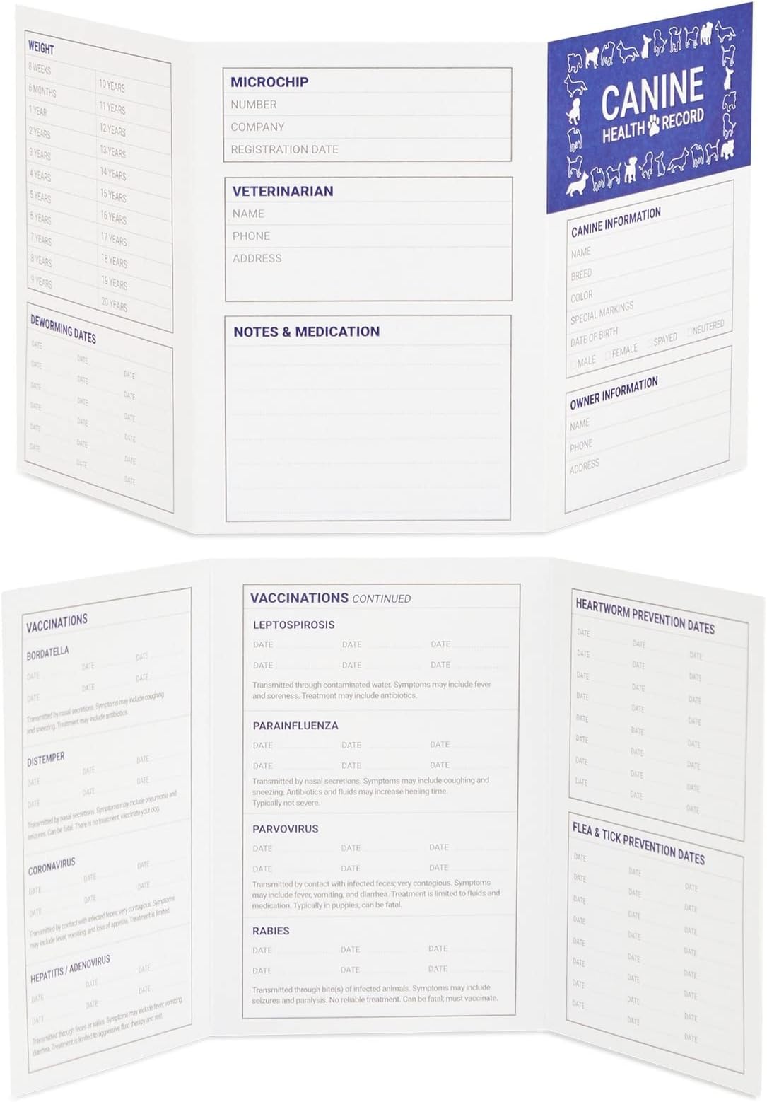 Puppy Record Card - Compact Portable Puppy Vaccination Record & Ink-Resistant Dog Vaccination Card - Dog Breeding Supplies - Pack of 24, 5 x 3.5 in Folded, White, Paper