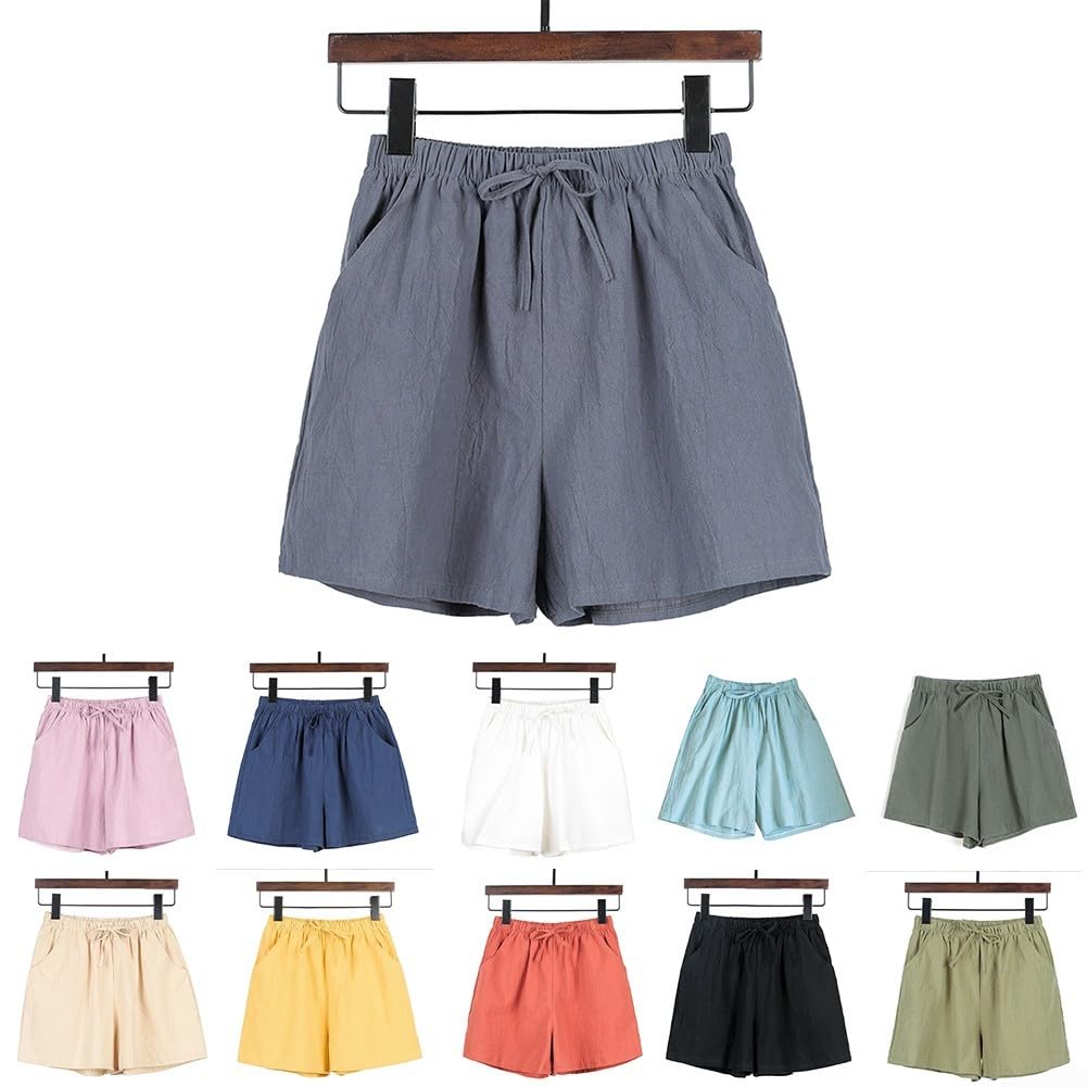 Short de sport en coton et lin pour femme - Taille haute - Style décontracté - Confortable - Pour les loisirs