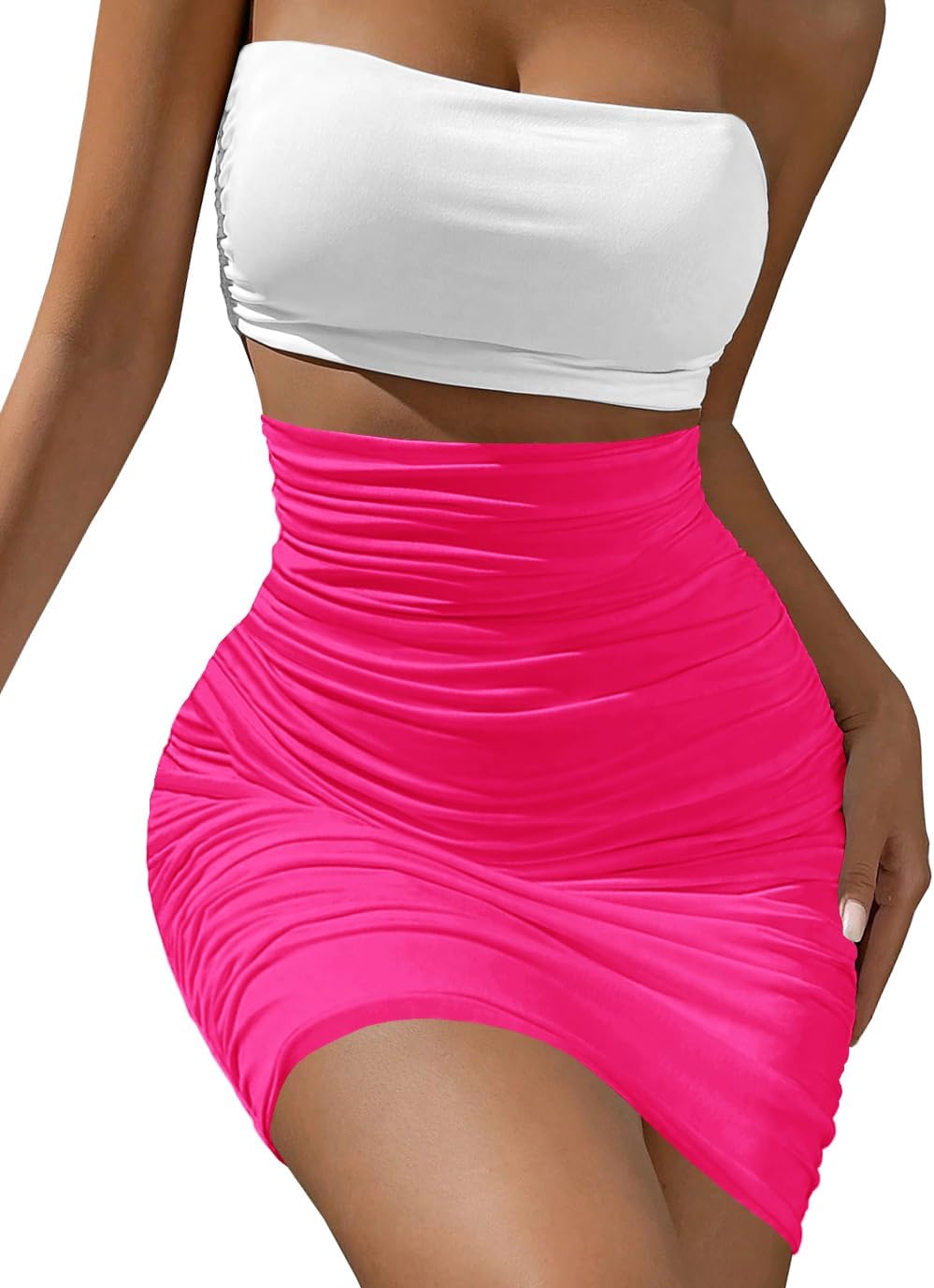 Afibi Women's Elastic High Waist Ruched Bodycon Stretch Club Pencil Midi Skirt - Image 3