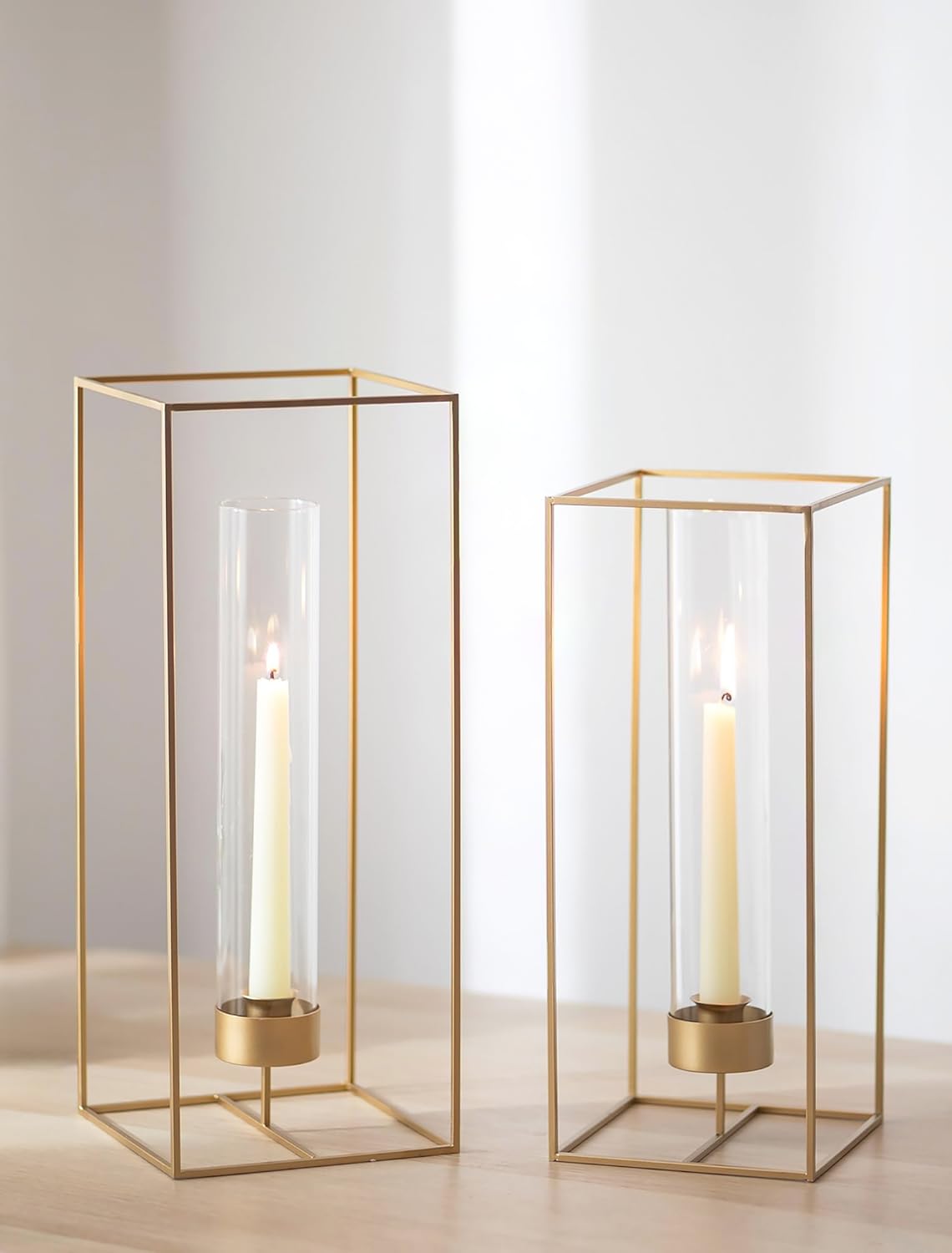 Sziqiqi Candle Holders Gold for Candlestick: Geometric Candlestick Holder Large with Glass Hurricane for Outdoor - Lantern Glass Minimalist for Living Room Christmas Wedding Table Decoration