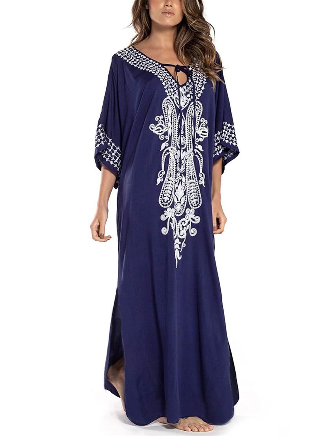 JENJON Mujeres Vestido de Playa Kaftan Floral Bordado Bohemia Tamaño Largo Cover Ups para Bikini