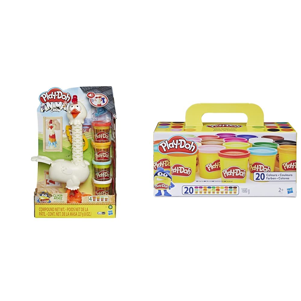 Play-Doh - Pâte à Modeler - Plumes en Folie - 20 Pots de 84g - Super Couleurs - Jouet pour Enfant - Inclus : 20 Pots, 1 Emporte-pièce, 1 Rasoir, 1 Poulette, 2 Piles AAA