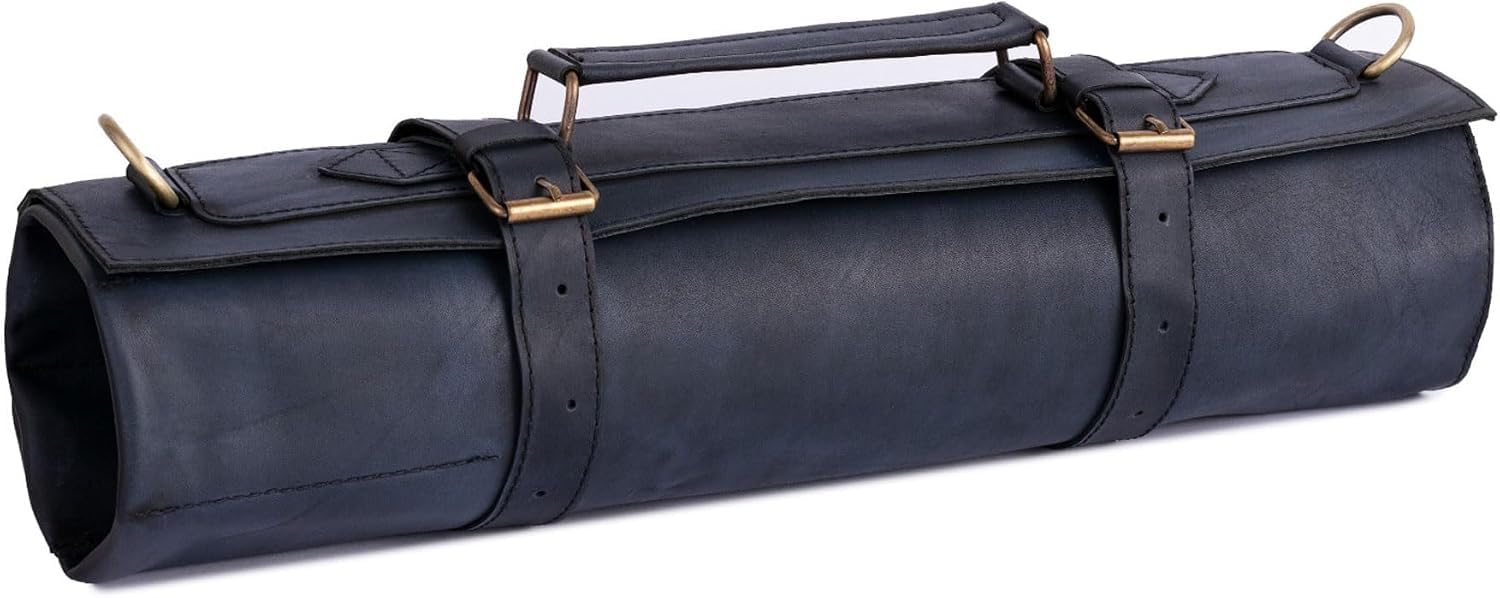Leathershire Full Grain Leather Chef Knife Roll Bag Professional Knife Tool Holder Case, Kitchen Knife Organizer Chef Roll for Culinary Students & Chefs Birthday Gift (Wax Black, 11 Pockets)