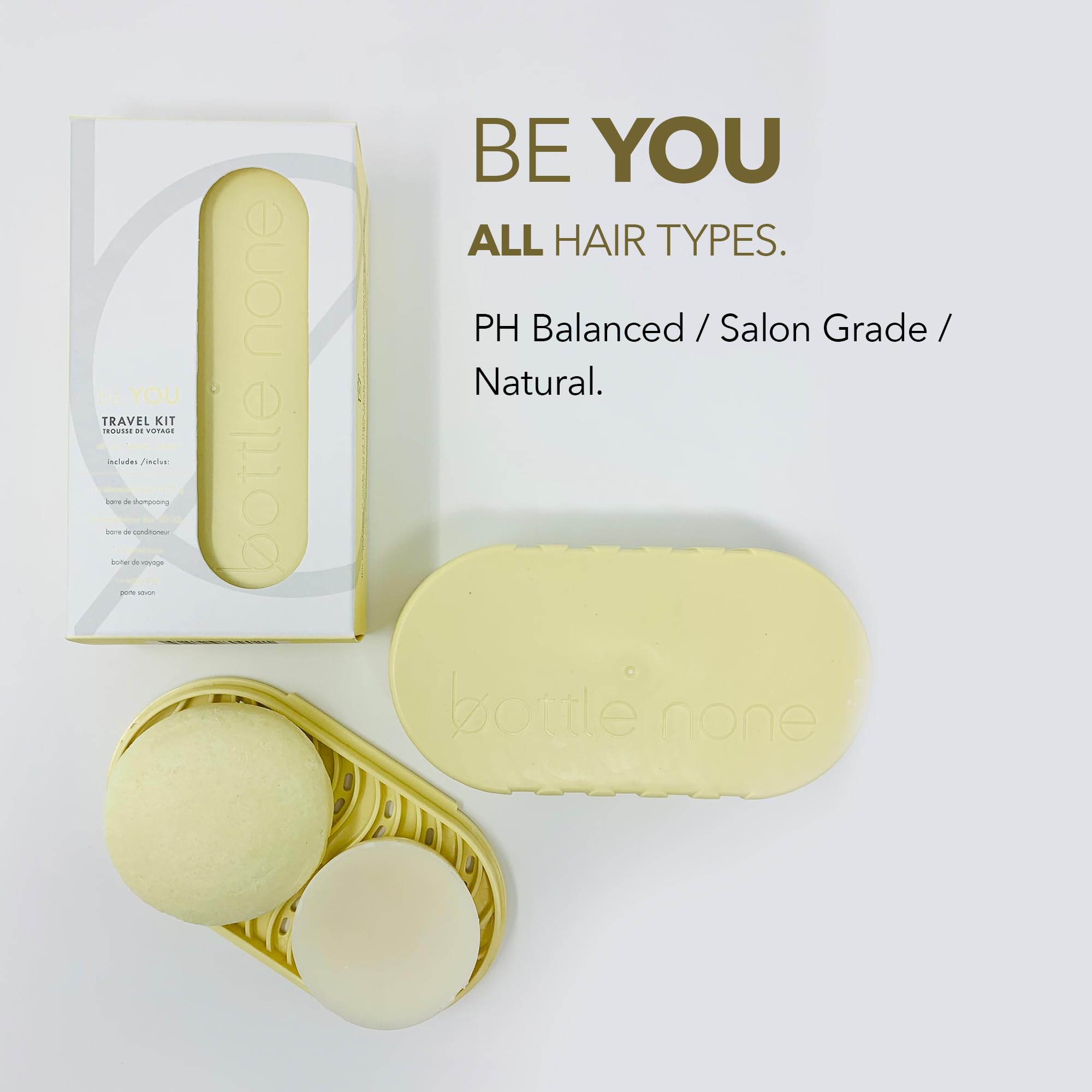 BOTTLE NONE | be YOU Travel Set Includes be You Shampoo and Conditioner Bars for All Hair Types with Travel Soap Dish | PH Balanced/Salon Grade/Natural | 50+ Washes