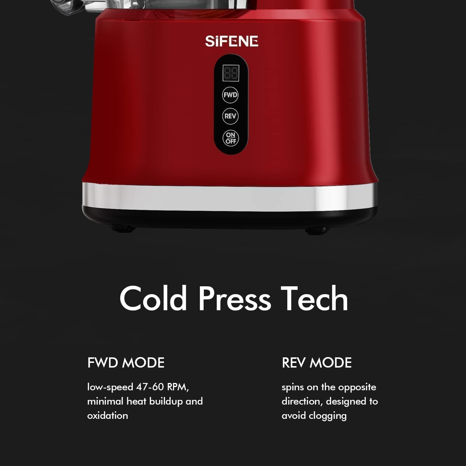 SIFENE AMR8824 - Spremiagrumi a freddo, apertura grande da 83 mm, per spremere lentamente, facile da pulire, per succo di frutta e verdura, plastica e acciaio inossidabile, rosso puro