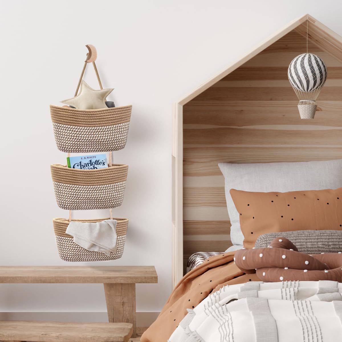 ililmmoeCesto appeso dietro la porta, cestino a 3 strati, corda di cotone, montato a parete， cestino da cucina decorativo, organizer per appendere il bagno, incluso1gancio (Strisce Di Lino)
