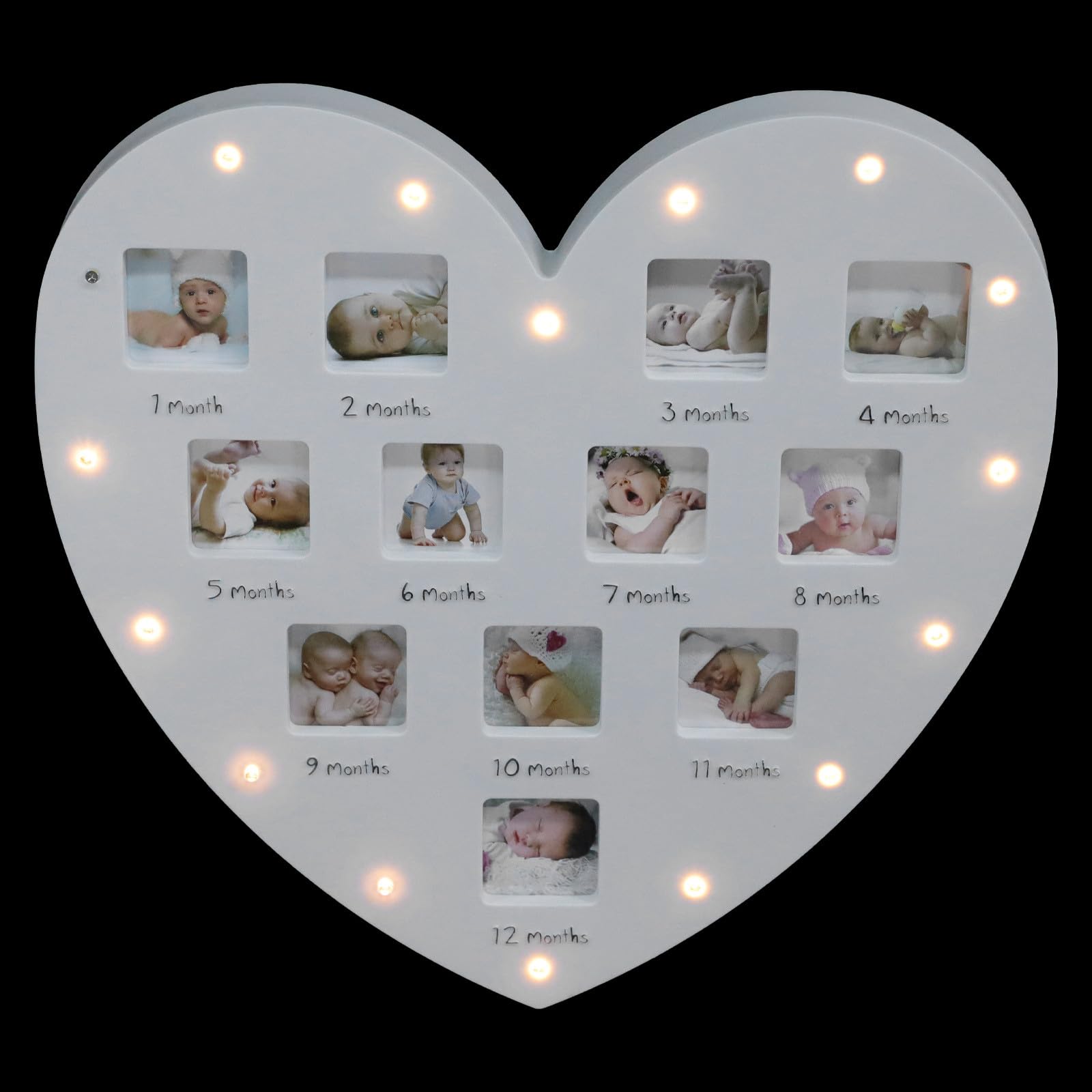 Cadre photo bébé cœur blanc lumineux pour graver la première année de votre enfant