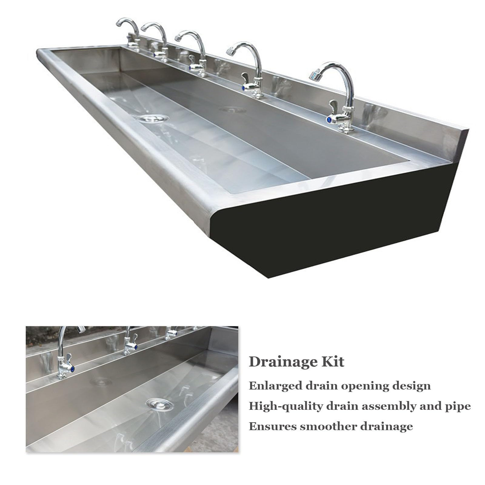 Lavabo comercial de acero inoxidable para montaje en pared,Lavabo tipo canaleta de alta resistencia,Lavabo alargado de uso colectivo,Lavabo multiestación de uso general para restaurantes, escuelas