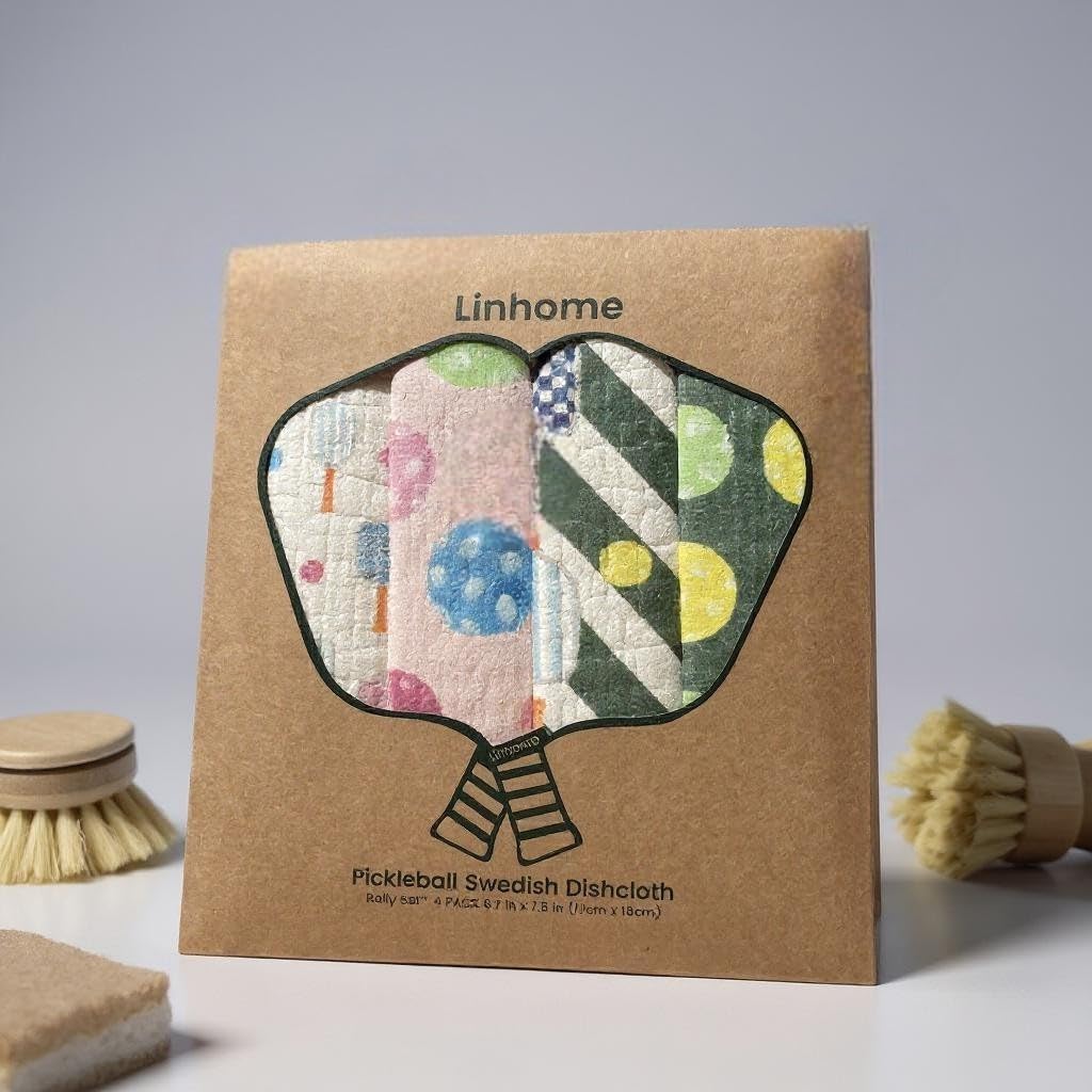 Pickleball Swedish Dishcloth, Reusable Paper Towel, Super Absorbent Cellulose Sponge, Pickleball Pattern, Washable Kitchen Cleaning Cloth (4, Pickleball Pastels)