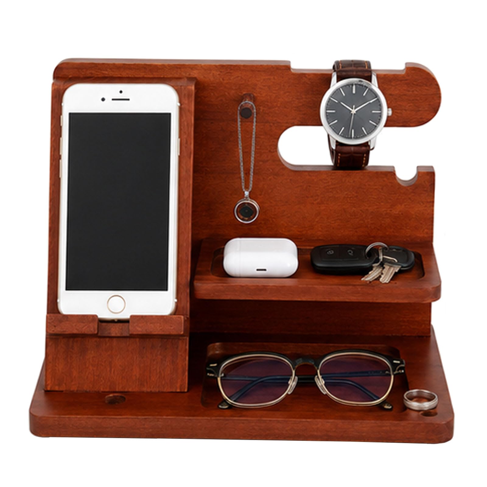 Pskjhn Men's Brown Wooden Phone Stand And Valet Tray, Solid Wood Desk Organiser For Smartphone, Watch, Keys, Wallet, Glasses, Rings And Earbuds, Bedside Storage Holder For At Home ,25 * 14 * 17Cm