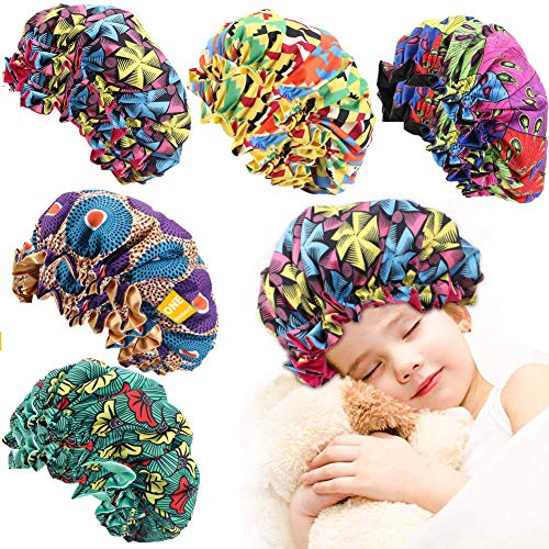 5 PCS Kids Satin Bonnets, Elastic Band Silk Bonnet Night Sleep Cap Double Layer Reversible African Print Bonnet Toddler Hair Bonnet Sleeping Hat For Natural Hair Children Infant Newborn Babies Girls