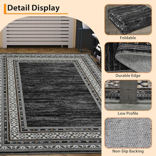 GlowSol Living Room Rug 10x13 Washable Rug Solid Rug Modern Geometric Rugs Large Washable Rugs Black Bordered Carpet Non Slip Decor Carpets for Under Dining Table Bedroom Farmhouse Home Office