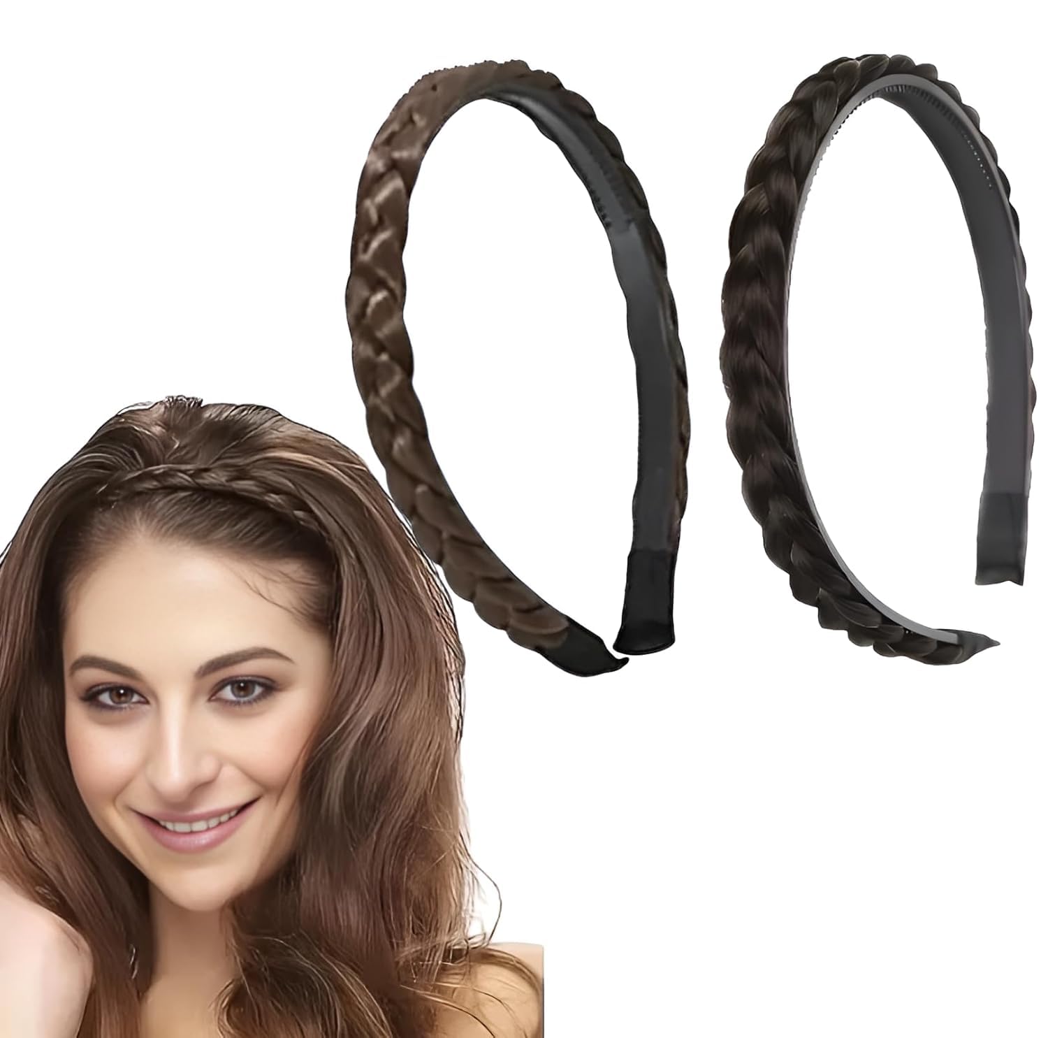 Synthetic Braided Hair Band with Teeth, Wide Braided Plates Non-Slip Headband, Hair Braid Accessories for Women & Girls, Black & Brown, Pack of 2-image-40