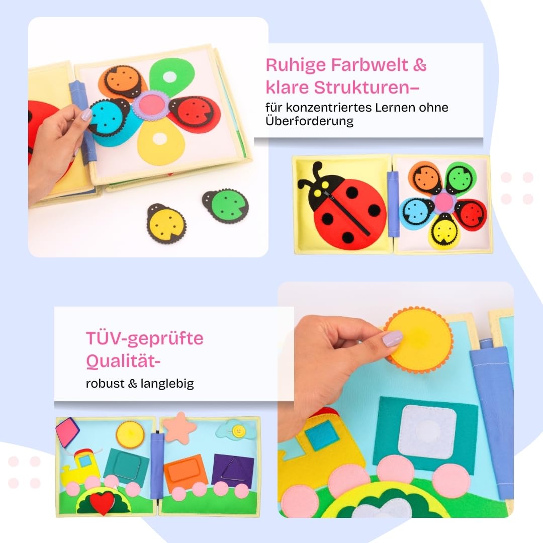 Jolly Designs – Pastell Junge Eule – 6 Seiten Premium Quiet Book – Montessori Spielzeug ab 1 Jahr – Motorik & Sensorik fördern – Handgefertigtes Filzbuch – Lernspielzeug für Kleinkinder – Busy Book