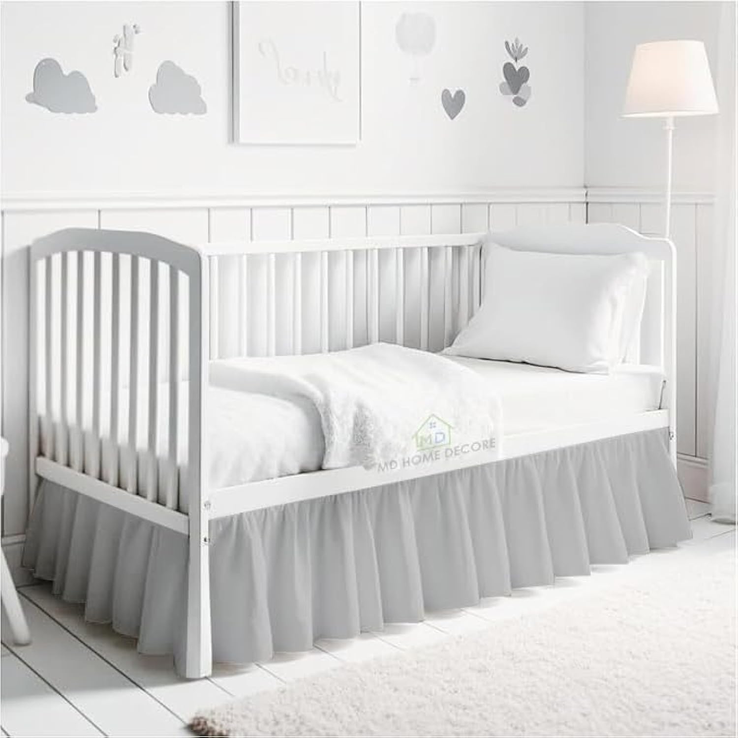 Cotton Crib Bed Skirt Dust Ruffle with Split Corners, 14" Drop, Light Grey | Nursery Standard Crib Bedding Bed Skirt for Baby Boys and Baby Girls. Hides Under-Crib Storage for a Neat Appearance
