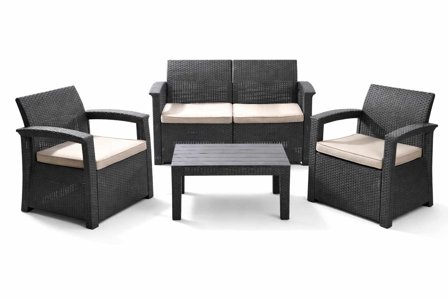 MUEBLIX.COM - Conjunto de Jardín Raeiros, Sofá de 2 Plazas más 2 Butacas y Mesa, Set de Muebles de Jardín Exterior para 4 Personas, Cojín de Tela, Polipropileno con Acabado Ratán, Gris