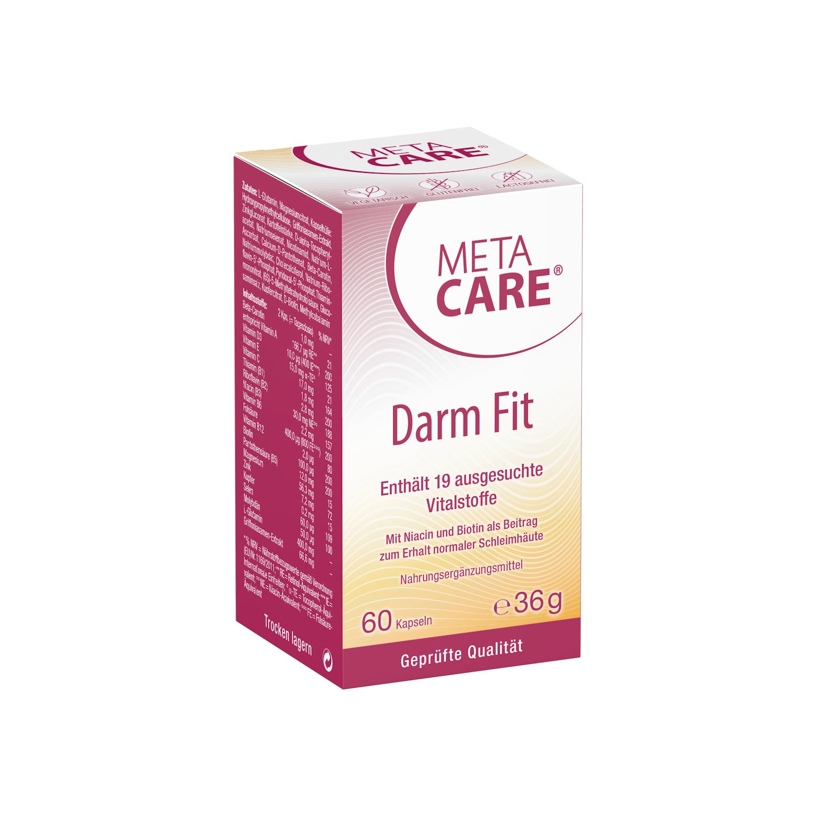 META CARE Darm Fit – 19 ausgewählte Vitalstoffe sinnvoll kombiniert – Mit Niacin und Biotin – Hochdosiert – Vegetarisch – 60 Kapseln