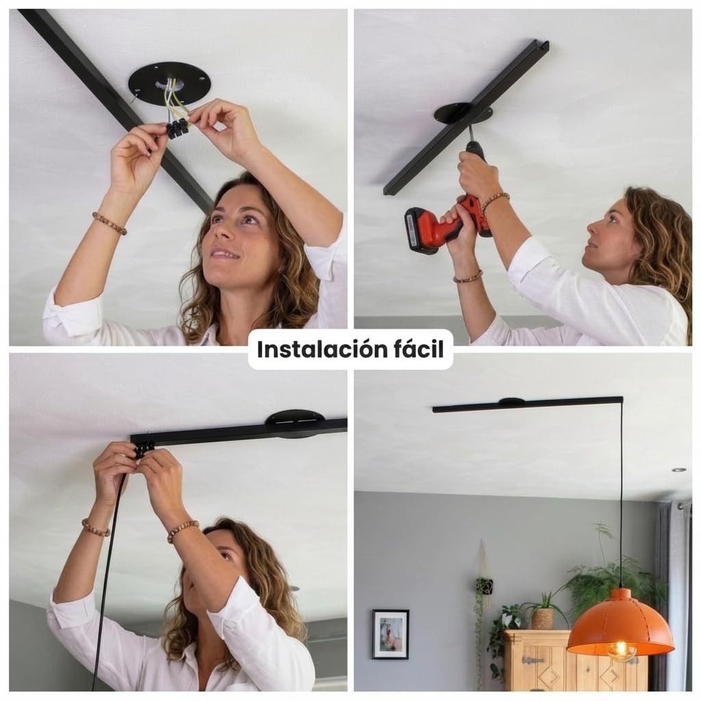 BARCELONA LED Sistema de Suspensión para Lámpara Colgante 90cm Negro Mate | Deslizamiento 80cm y Rotación 360° | Soporte Ajustable para Techo | Hasta 3kg | Descentrador para Lámparas Colgantes