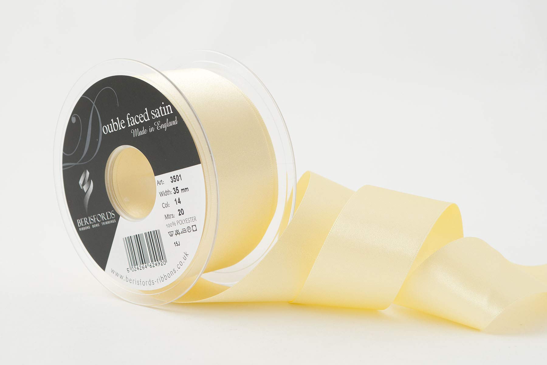 Berisfords Double FACE Poly Satin Ribbon, Pale Lemon, 35 mm