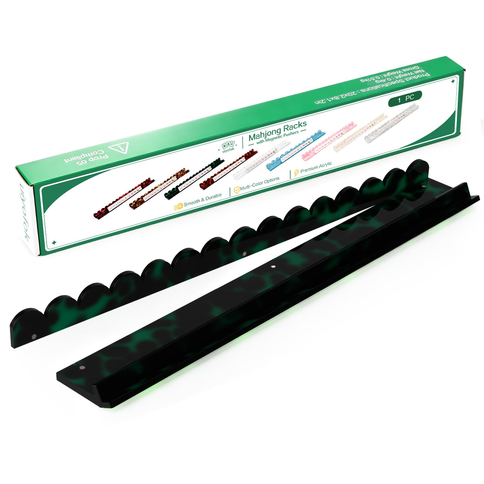 uiyofok 1 Pack Mahjong Rack with Magnetic Pusher, 20 Inch Green Tortoise Premium Thickened Acrylic Scalloped Mahjong Rack with Pusher for American Mahjong, Gift for Mahjong Lovers