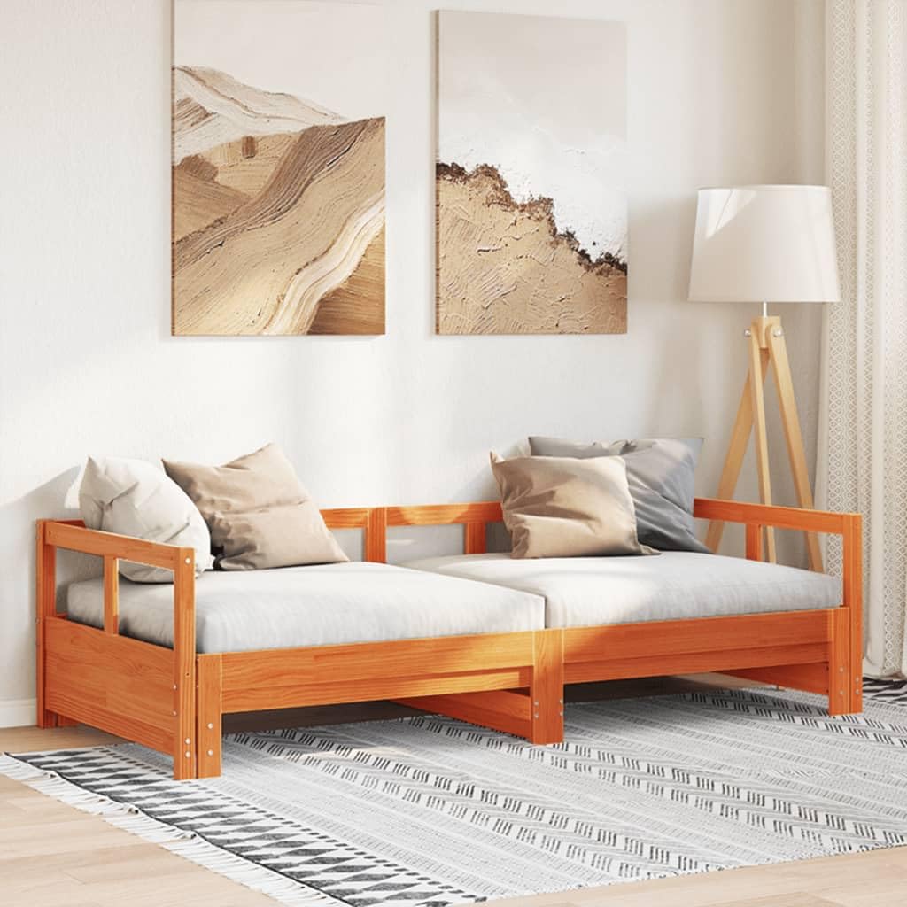 Letto da giorno in legno di pino massiccio, marrone cerato, 90 x 190 cm, con rete a doghe, estensibile come letto matrimoniale, salvaspazio per ospiti e camera da letto, struttura stabile con