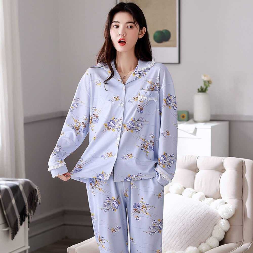 Sexy Schlafanzug Frauen,Damen Pyjama-Sets Hellblaues Modal Revers Gekräuselt Blumendruck Mode Kuschelig Warm Langarm Pjs Top & Unterteile Set Lounge Wear Nachtwäsche Weiche Faultier Nachtwäsche