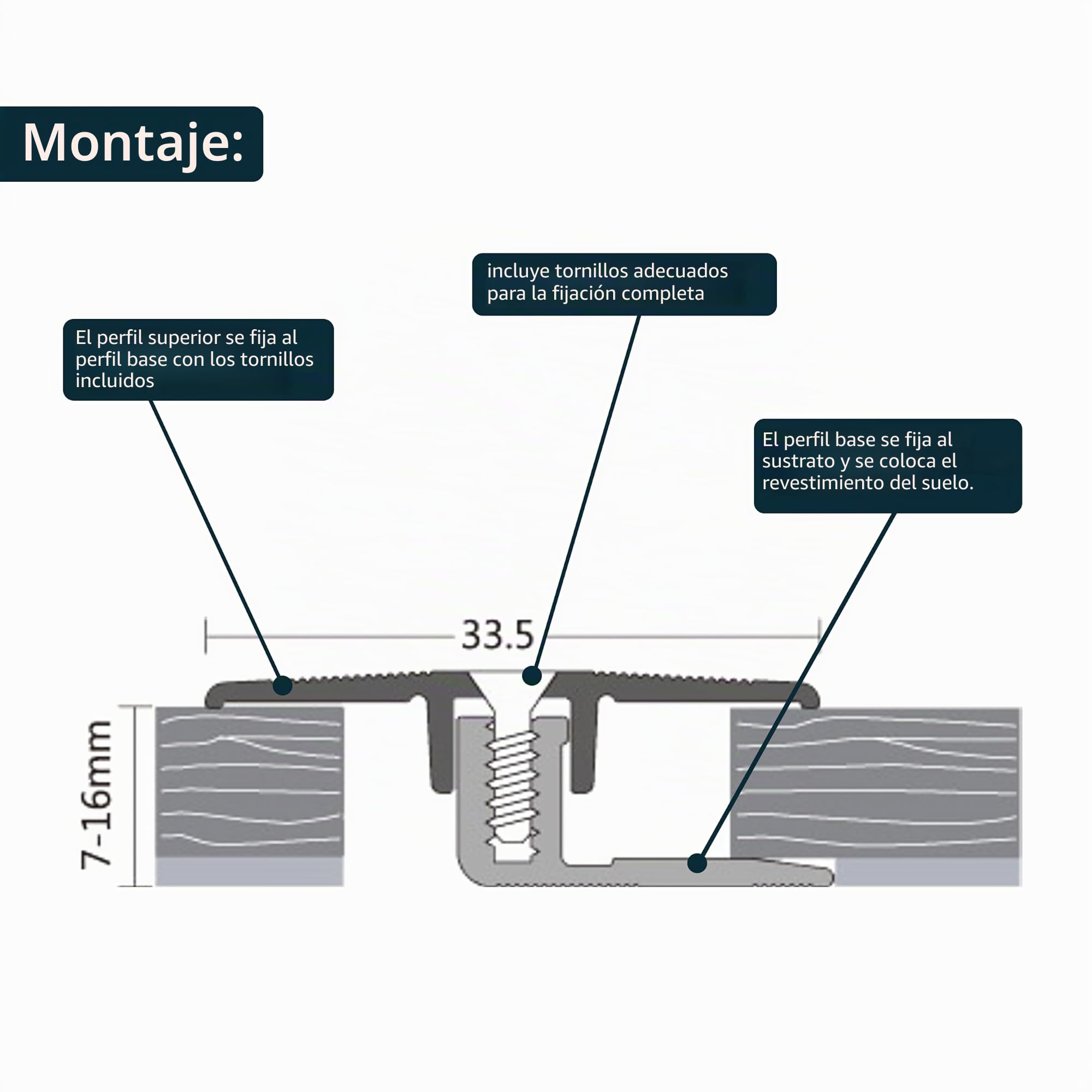 Perfil de transición ufitec® TPL Profi para parquet y suelos laminados - Ancho de cobertura: 33 mm - en dos piezas, atornillable y apto para espesores de suelo de 7 a 16 mm