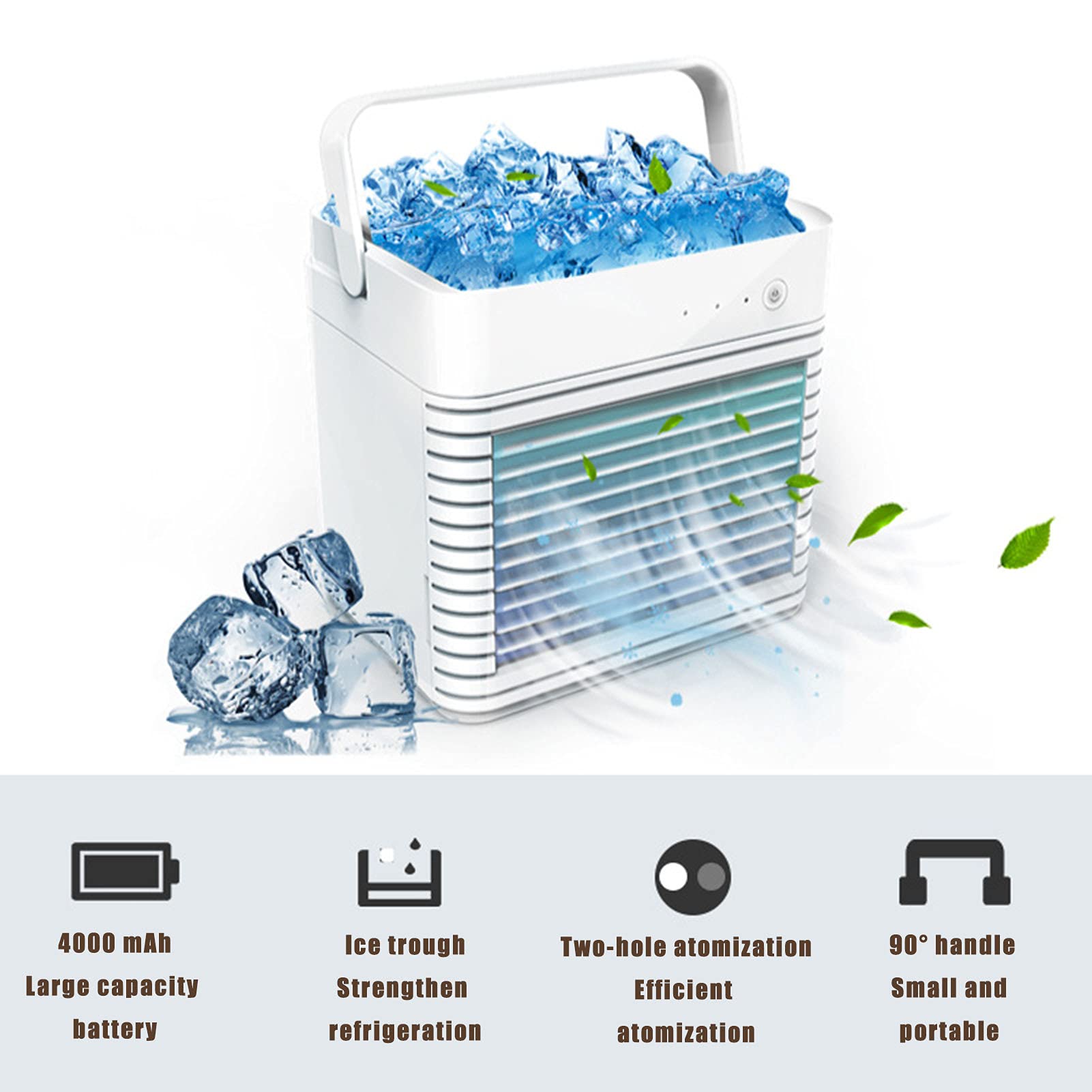 Enfriador Aire Portátil, 3 En 1 Aire Acondicionado, Batería 4000 MAh, con 3 Velocidades, Enfriadores Evaporativos, Humidificador Purificador, para Hogar, Oficina, Viajes (White)