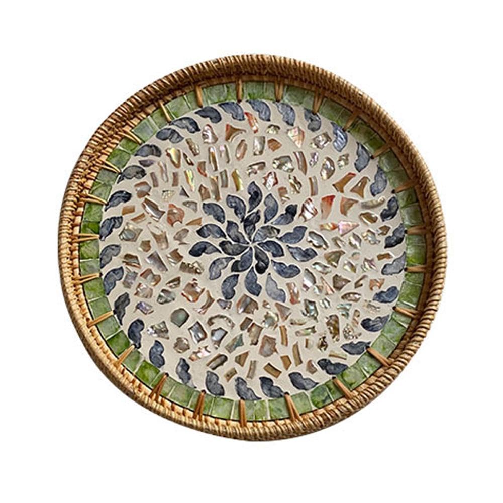 11.8" Green Forest Wicker Round Rattan Serving Tray, Large Boho Woven Decorative Tray for Coffee Table, Outdoor & Kitchen Display (Multiple Patterns Available)