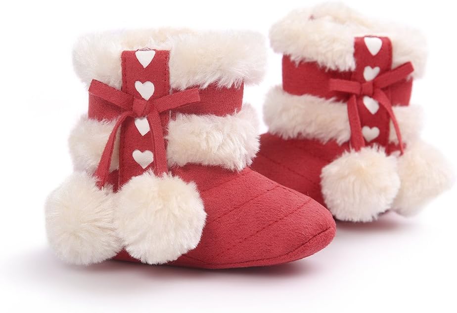 ESTAMICO Baby Girl Plush Winter Snow Bowknot Boots 12-18 Months Toddler Red