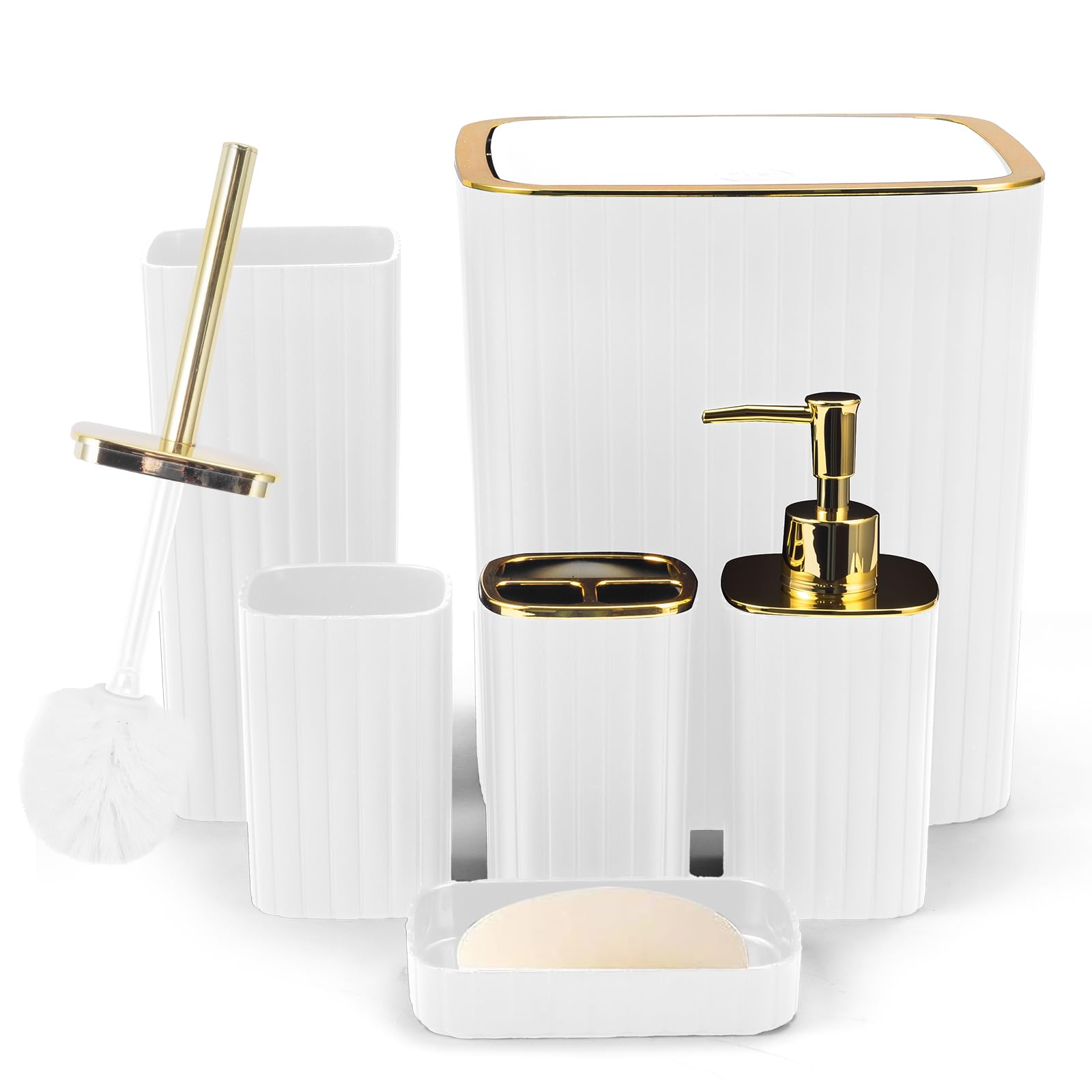 6PCS Bathroom Accessories Set, White and Gold Bathroom Set for Boho Decor