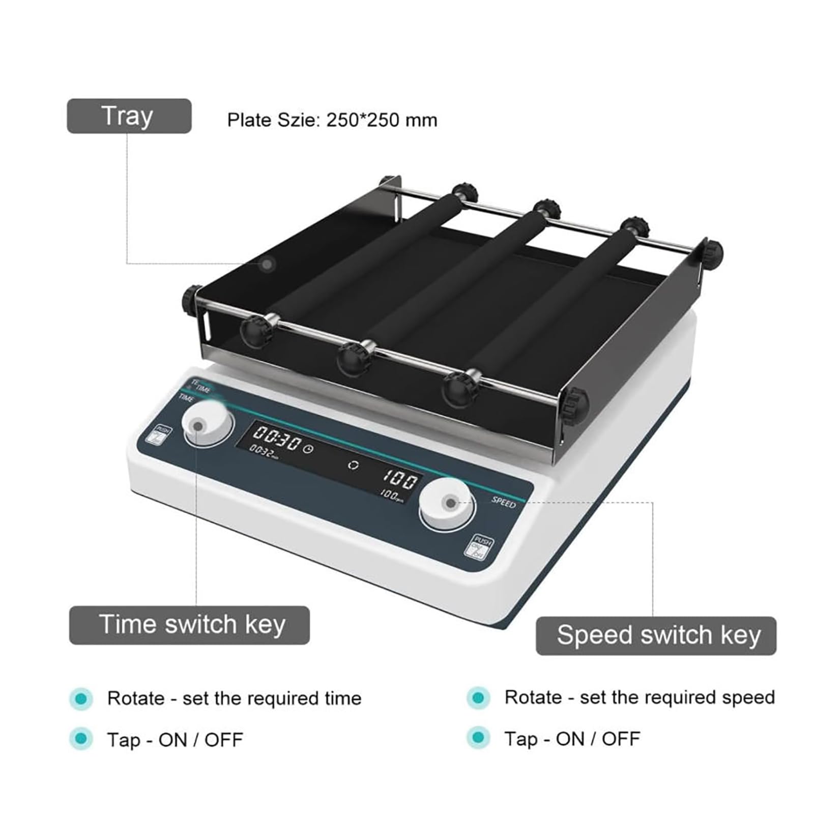 MObyat Agitador Digital para Utensilios de Laboratorio, con Modo Continuo o Temporizador, Velocidad Ajustable de 40 a 200 RPM, Carga máxima de 2 kg, palé de 250 x 250 mm, para Laboratorios