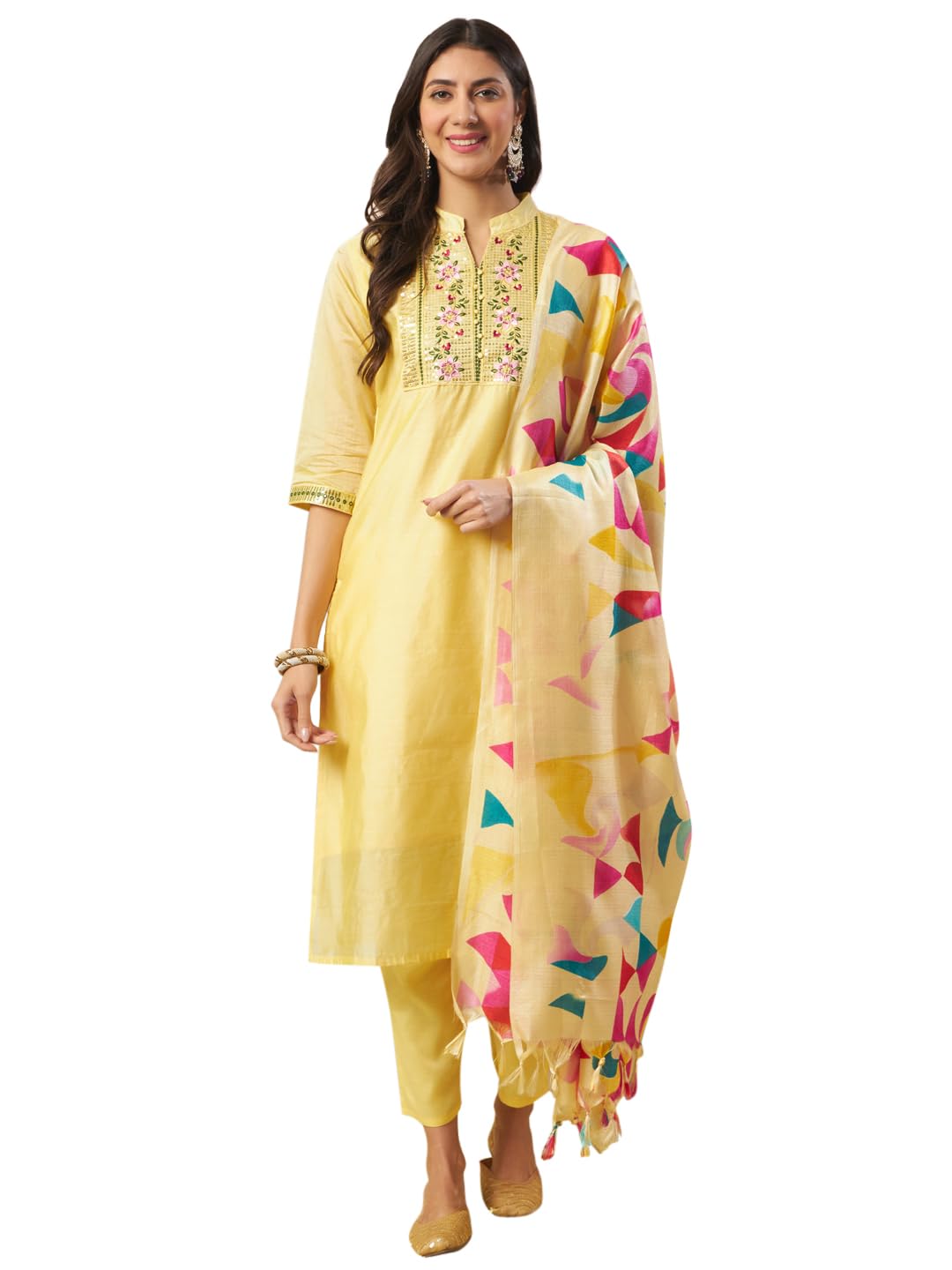 VredeVogel Women's Chanderi Modal Embroidered Kurta with Pant & Art Silk Dupatta Set