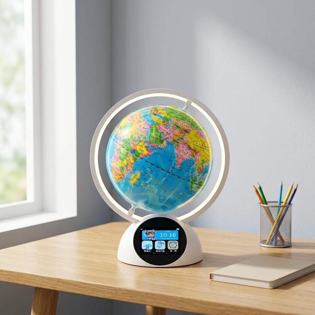 er Globe für Kinder, Lernspielzeug mit Touchscreen, Nachtlicht & Weckerfunktion, Blauer Kinderglobus